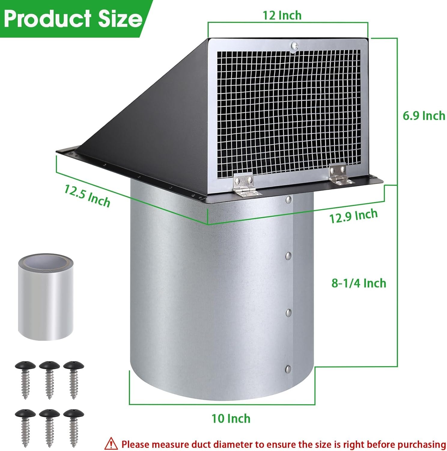 10 Inch Hooded Wall Vent with Screen and Damper,Exterior Wall Exhaust Vent Cover Cap for Kitchen Range Hood Dryer Duct Ventilation Outside Air Exhaust Application,Galvanized Steel,Black — photo 2