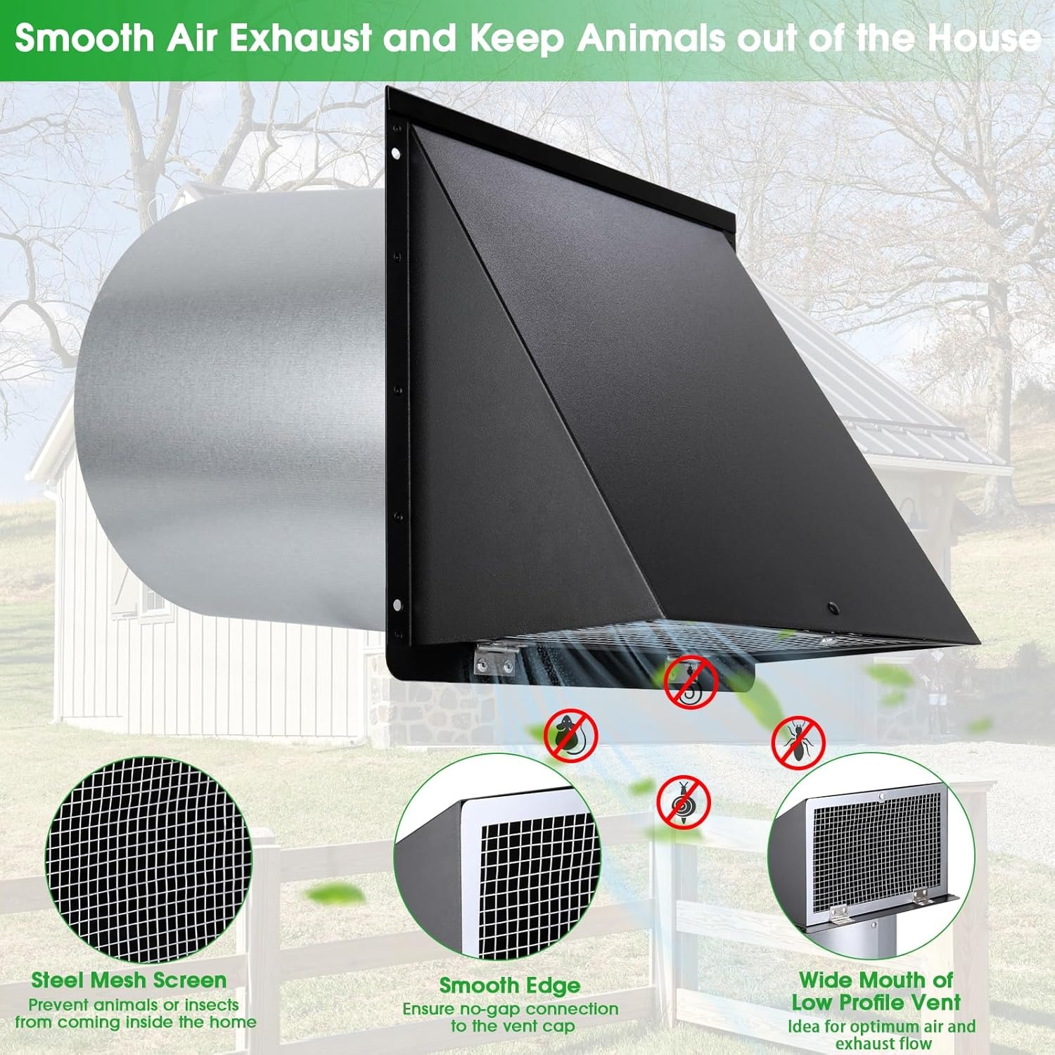 10 Inch Hooded Wall Vent with Screen and Damper,Exterior Wall Exhaust Vent Cover Cap for Kitchen Range Hood Dryer Duct Ventilation Outside Air Exhaust Application,Galvanized Steel,Black — photo 3