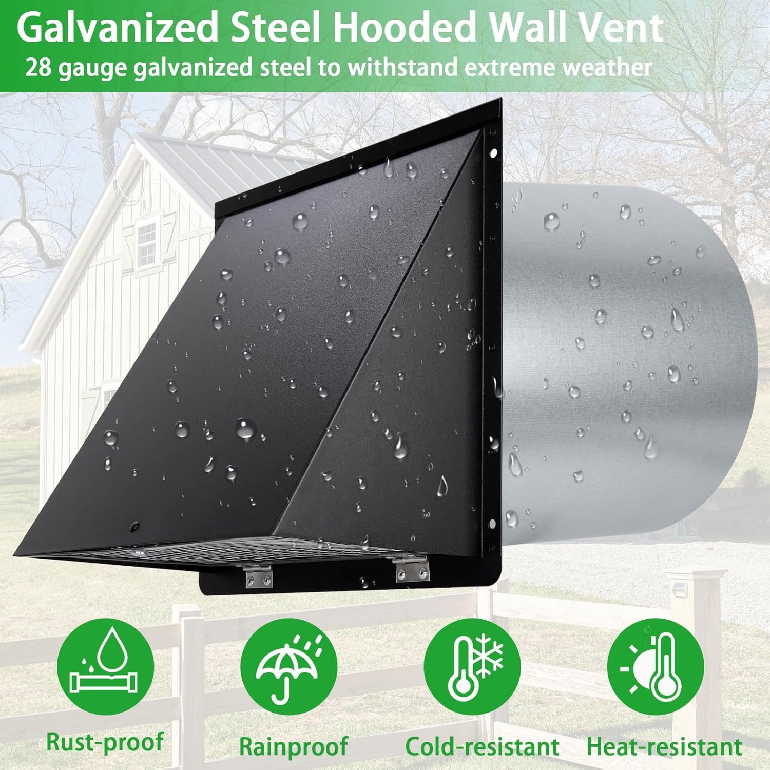 10 Inch Hooded Wall Vent with Screen and Damper,Exterior Wall Exhaust Vent Cover Cap for Kitchen Range Hood Dryer Duct Ventilation Outside Air Exhaust Application,Galvanized Steel,Black — photo 4