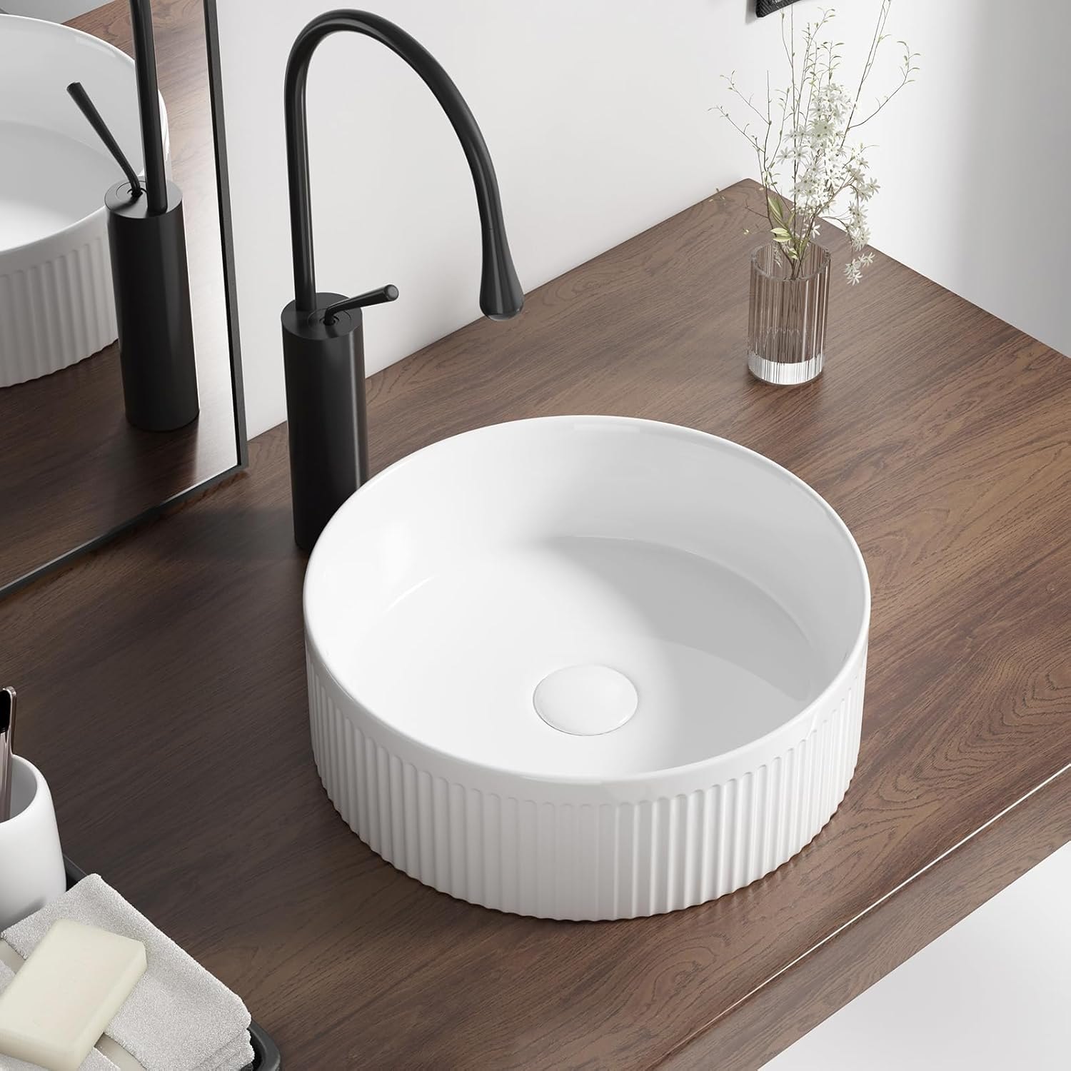 Round Vessel Sink 14 Inch Above Counter - White Ceramic Countertop Bathroom Sink, 14" x 14" Modern Vanity Art Basin Porcelain Hand Wash Basin White 14" x 14" Round