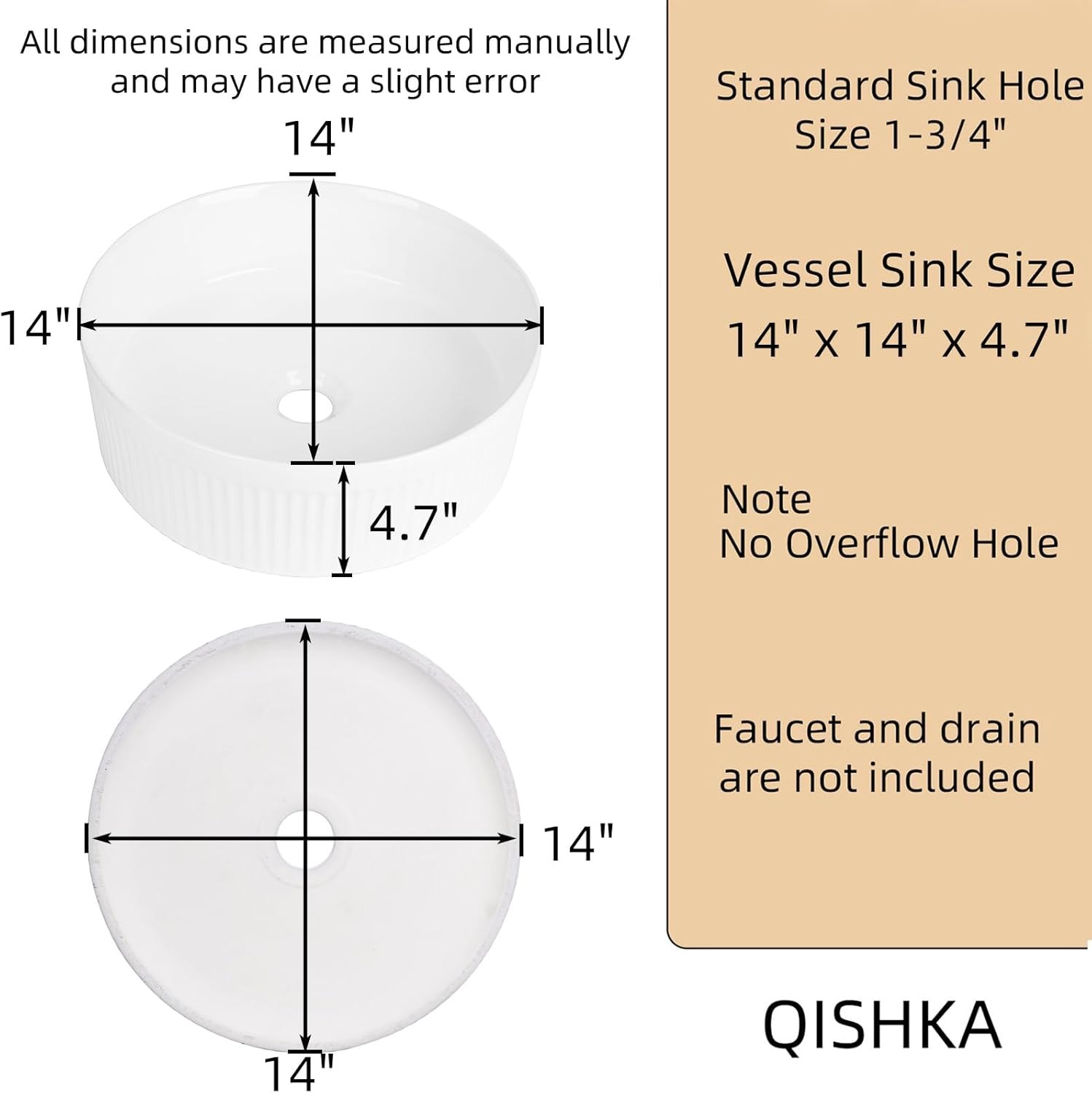 Round Vessel Sink 14 Inch Above Counter - White Ceramic Countertop Bathroom Sink, 14" x 14" Modern Vanity Art Basin Porcelain Hand Wash Basin White 14" x 14" Round — photo 5