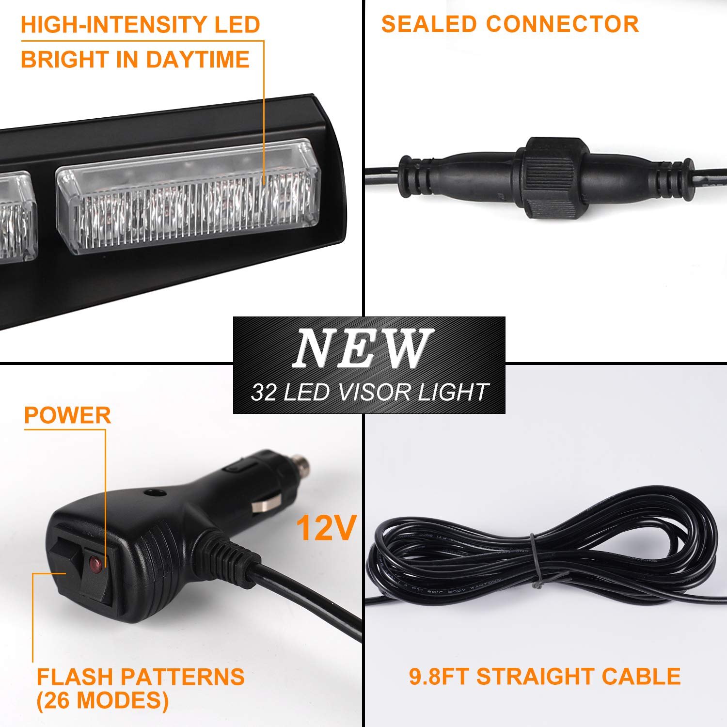 ASPL 32LED Visor Lights 26 Flash Patterns Windshield Emergency Hazard Warning Strobe Beacon Split Mount Deck Dash Lamp With Extend Bracket (White) — photo 3