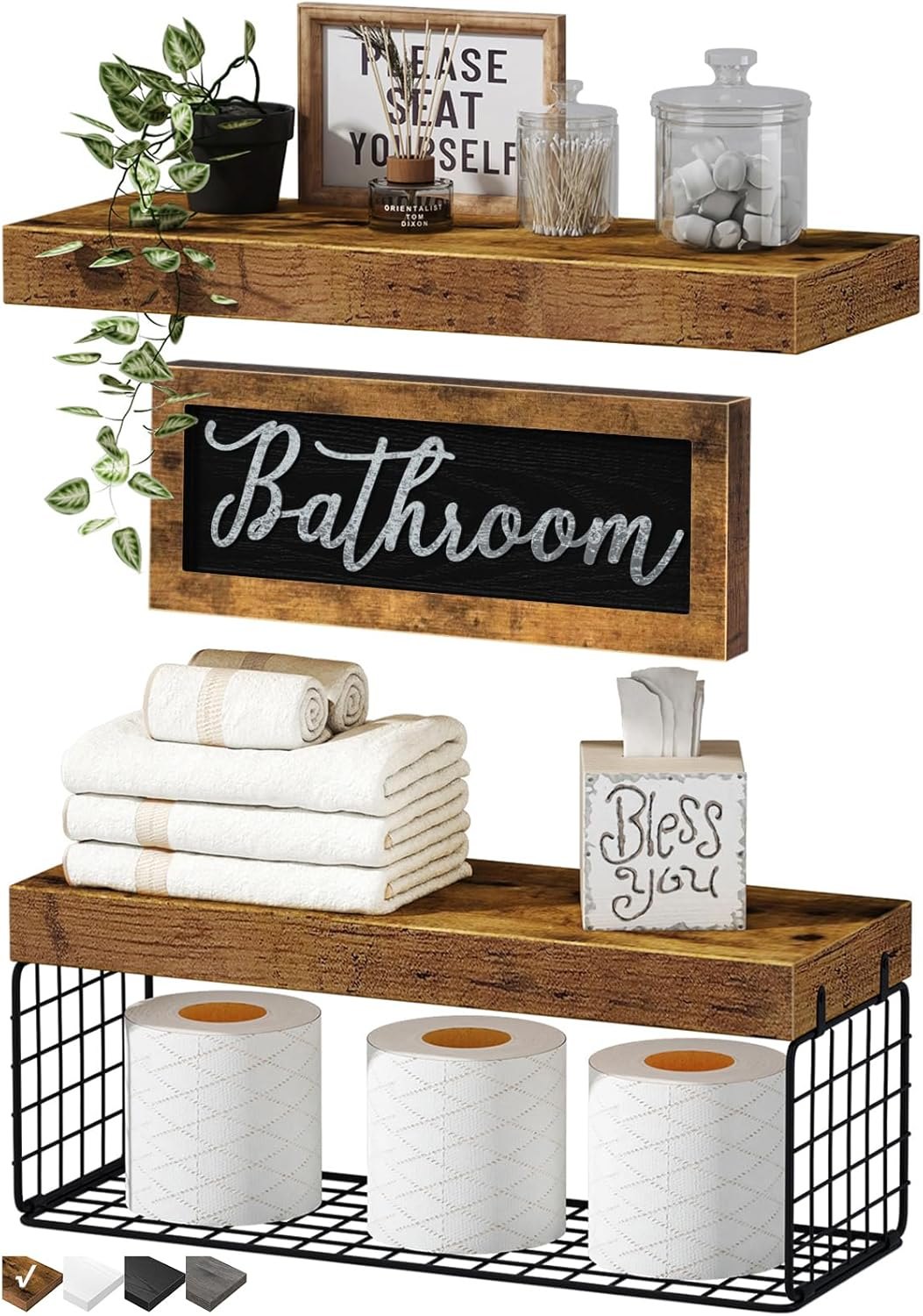 QEEIG ?Bathroom Shelves Over Toilet - Paper Storage Wall Mounted Farmhouse Decor Decorations Aesthetic Décor Sign Small Floating Shelf 2+1 Set 16 inch, Rustic Brown (020BN) A. Brown