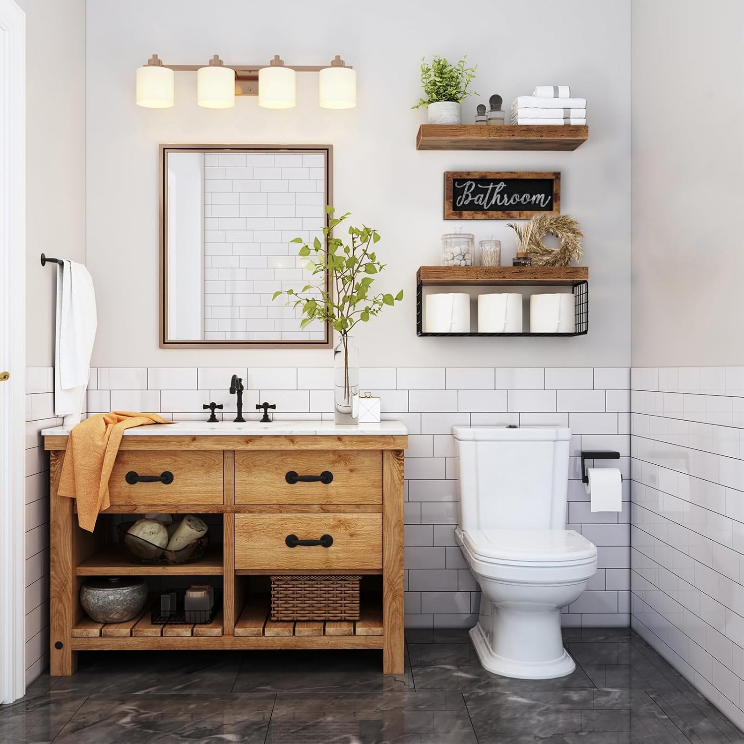 QEEIG ?Bathroom Shelves Over Toilet - Paper Storage Wall Mounted Farmhouse Decor Decorations Aesthetic Décor Sign Small Floating Shelf 2+1 Set 16 inch, Rustic Brown (020BN) A. Brown — photo 2