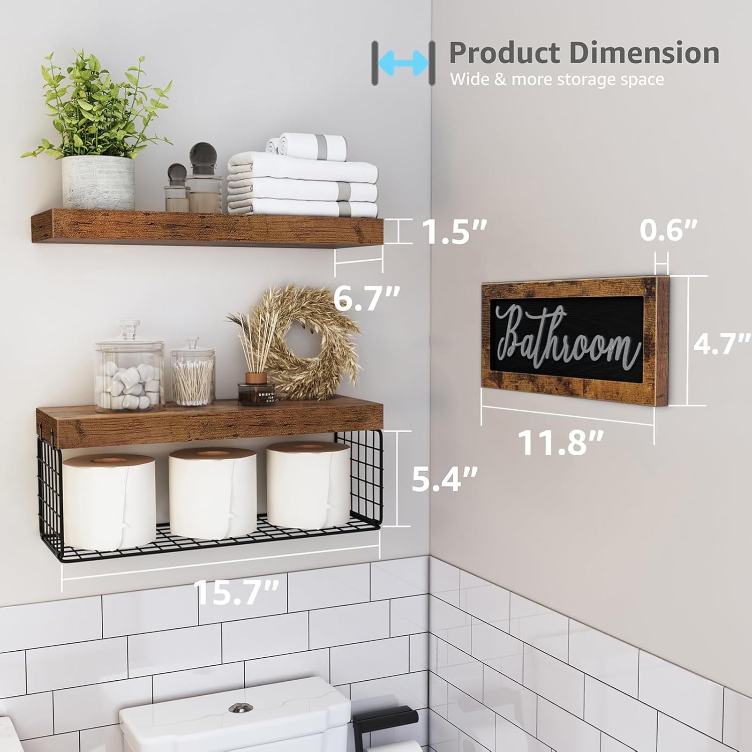 QEEIG ?Bathroom Shelves Over Toilet - Paper Storage Wall Mounted Farmhouse Decor Decorations Aesthetic Décor Sign Small Floating Shelf 2+1 Set 16 inch, Rustic Brown (020BN) A. Brown — photo 3