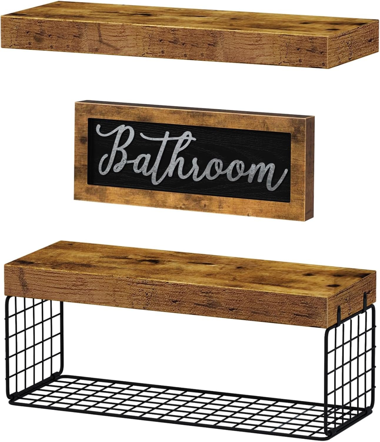 QEEIG ?Bathroom Shelves Over Toilet - Paper Storage Wall Mounted Farmhouse Decor Decorations Aesthetic Décor Sign Small Floating Shelf 2+1 Set 16 inch, Rustic Brown (020BN) A. Brown — photo 6