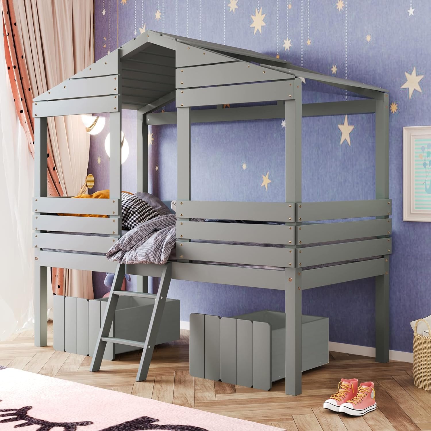 Goohome House Twin Bed for Kids, Low Loft Bed with 2 Storage Drawers, Wood Twin Kids Loft Bed W/Roof and Windows Design, Sturdy Slat Support, Fun Playhouse Bed for Boys Girls, No Box Spring Needed A-gray a Twin Loft Bed