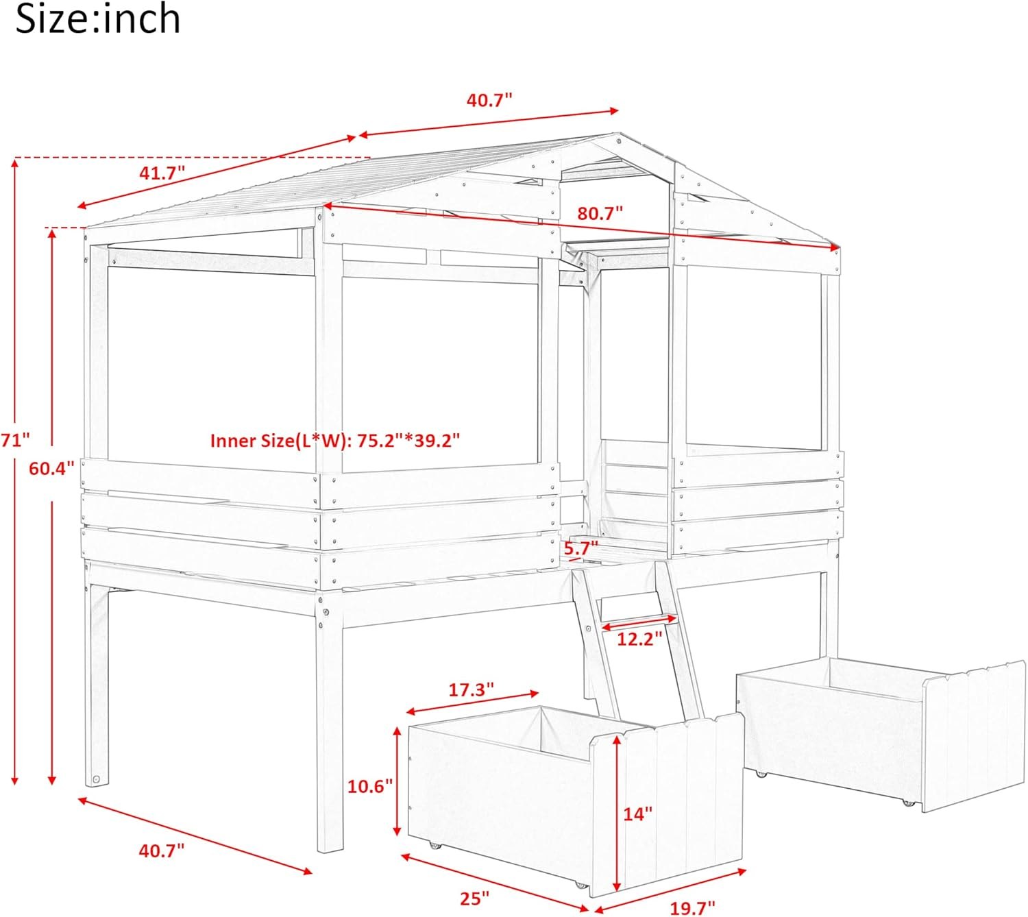 Goohome House Twin Bed for Kids, Low Loft Bed with 2 Storage Drawers, Wood Twin Kids Loft Bed W/Roof and Windows Design, Sturdy Slat Support, Fun Playhouse Bed for Boys Girls, No Box Spring Needed A-gray a Twin Loft Bed — photo 4