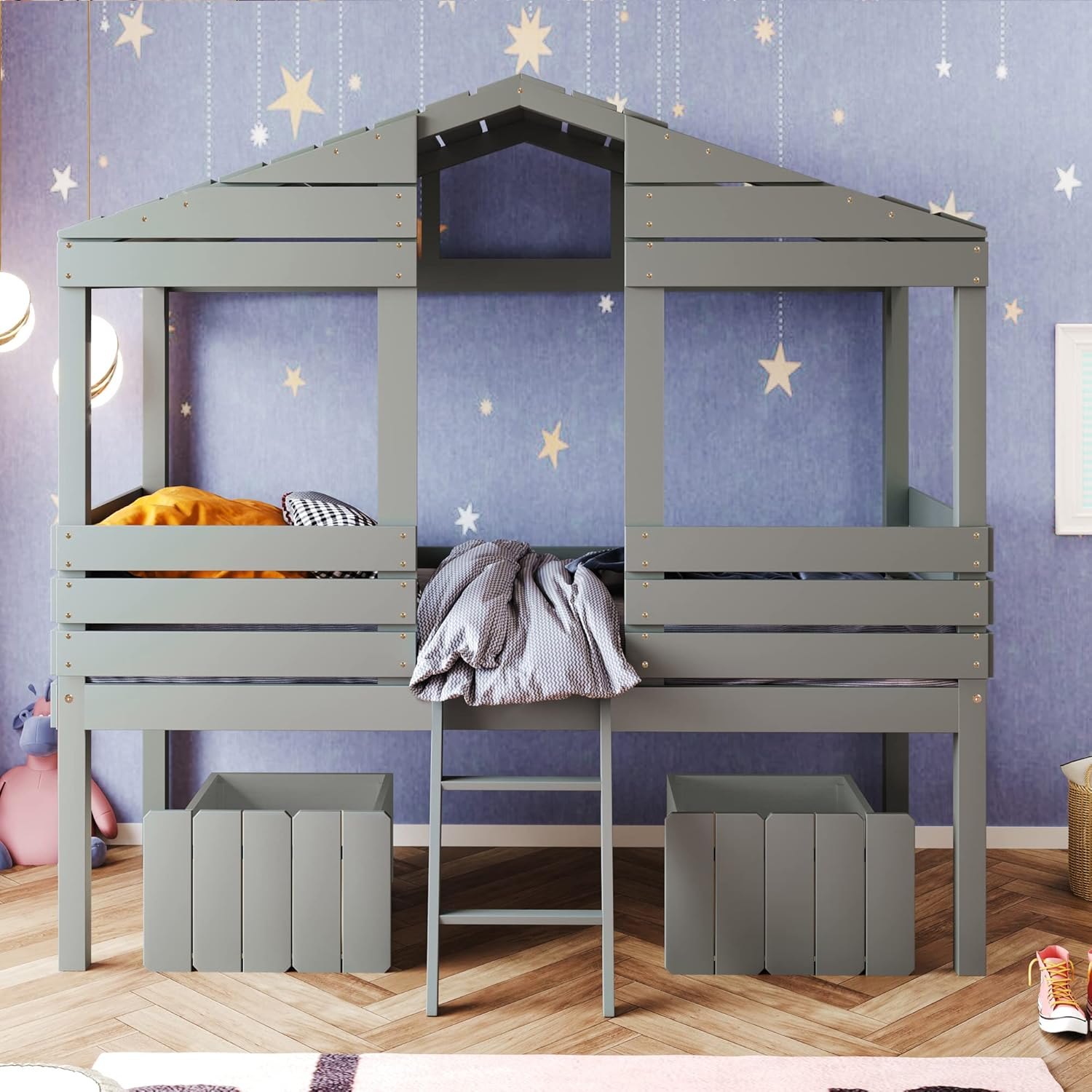 Goohome House Twin Bed for Kids, Low Loft Bed with 2 Storage Drawers, Wood Twin Kids Loft Bed W/Roof and Windows Design, Sturdy Slat Support, Fun Playhouse Bed for Boys Girls, No Box Spring Needed A-gray a Twin Loft Bed — photo 5