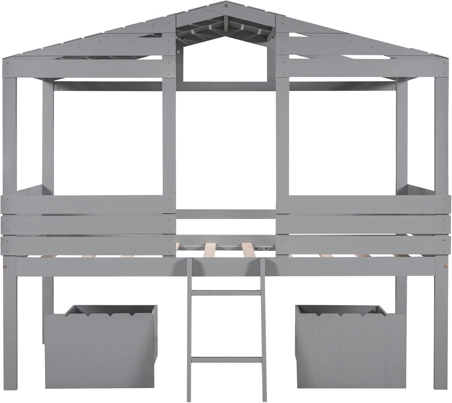 Goohome House Twin Bed for Kids, Low Loft Bed with 2 Storage Drawers, Wood Twin Kids Loft Bed W/Roof and Windows Design, Sturdy Slat Support, Fun Playhouse Bed for Boys Girls, No Box Spring Needed A-gray a Twin Loft Bed — photo 6