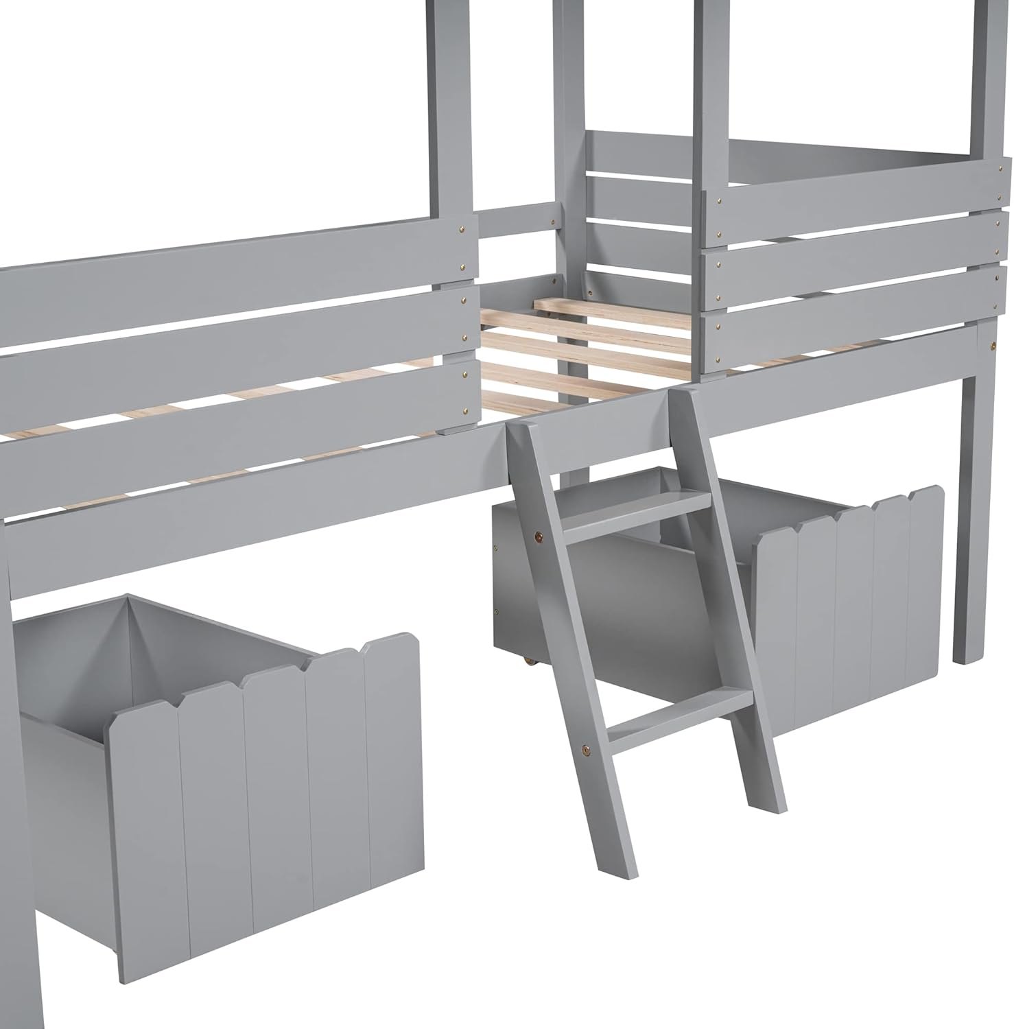 Goohome House Twin Bed for Kids, Low Loft Bed with 2 Storage Drawers, Wood Twin Kids Loft Bed W/Roof and Windows Design, Sturdy Slat Support, Fun Playhouse Bed for Boys Girls, No Box Spring Needed A-gray a Twin Loft Bed — photo 7