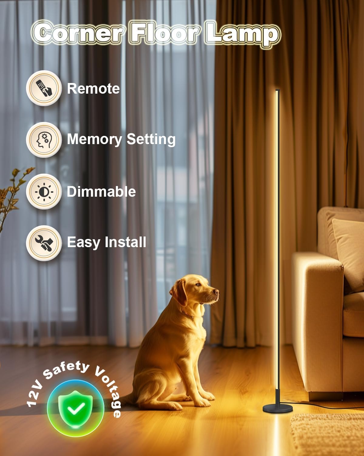 TACAHE Minimalist Corner Floor Lamp - 2700K- 6500K Dimmable LED Night Light - Modern Standing Mood Lamp with Remote Control for Living Room, Bedroom - 57" 12W - Black - 1Pack — photo 2