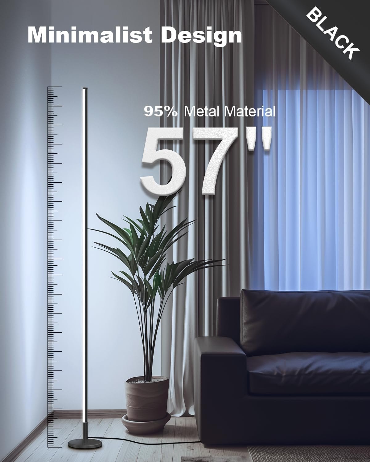 TACAHE Minimalist Corner Floor Lamp - 2700K- 6500K Dimmable LED Night Light - Modern Standing Mood Lamp with Remote Control for Living Room, Bedroom - 57" 12W - Black - 1Pack — photo 6