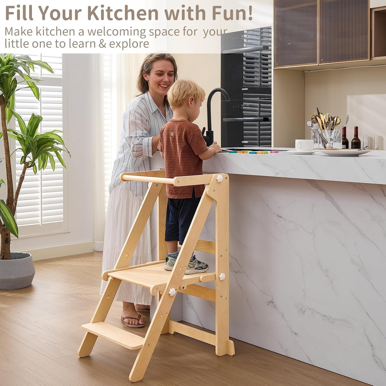 Foldable Toddler Learning Standing Tower, WOOD CITY Montessori Kitchen Step Stool Helper with 3 Adjustable Heights Learning Kitchen Tower (Natural) PM