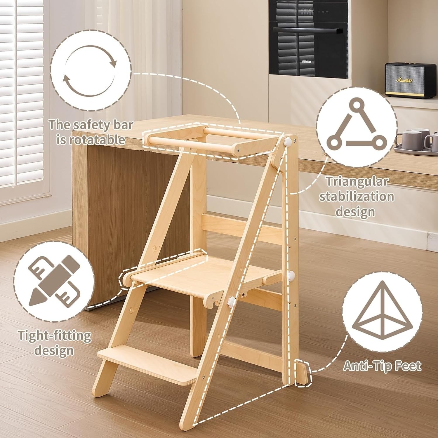 Foldable Toddler Learning Standing Tower, WOOD CITY Montessori Kitchen Step Stool Helper with 3 Adjustable Heights Learning Kitchen Tower (Natural) PM — photo 2
