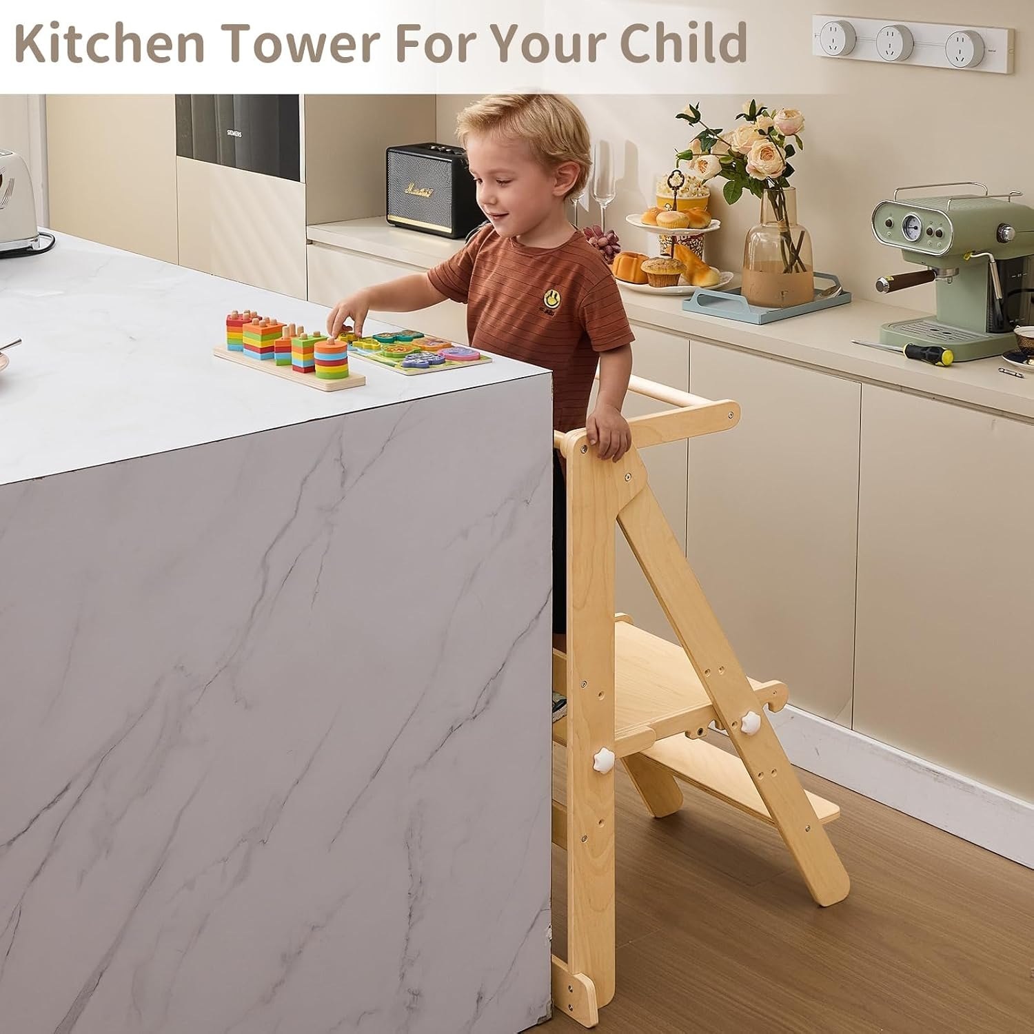 Foldable Toddler Learning Standing Tower, WOOD CITY Montessori Kitchen Step Stool Helper with 3 Adjustable Heights Learning Kitchen Tower (Natural) PM — photo 5