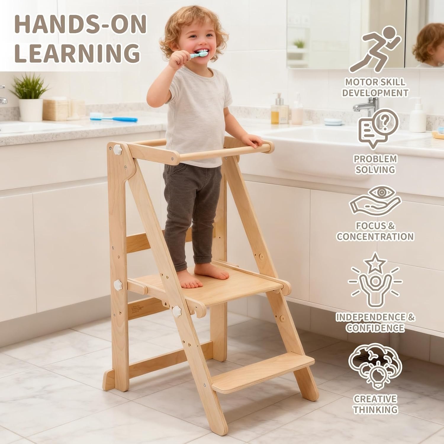 Foldable Toddler Learning Standing Tower, WOOD CITY Montessori Kitchen Step Stool Helper with 3 Adjustable Heights Learning Kitchen Tower (Natural) PM — photo 6