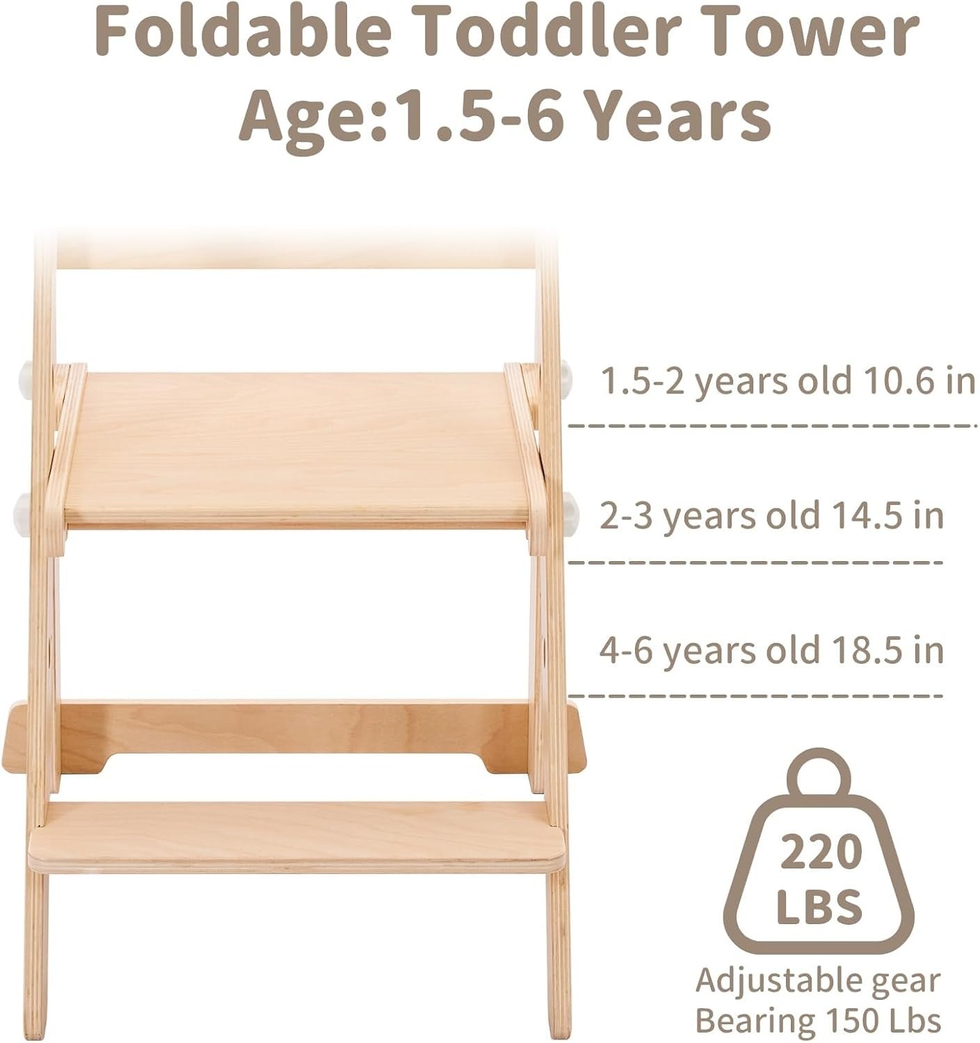 Foldable Toddler Learning Standing Tower, WOOD CITY Montessori Kitchen Step Stool Helper with 3 Adjustable Heights Learning Kitchen Tower (Natural) PM — photo 8