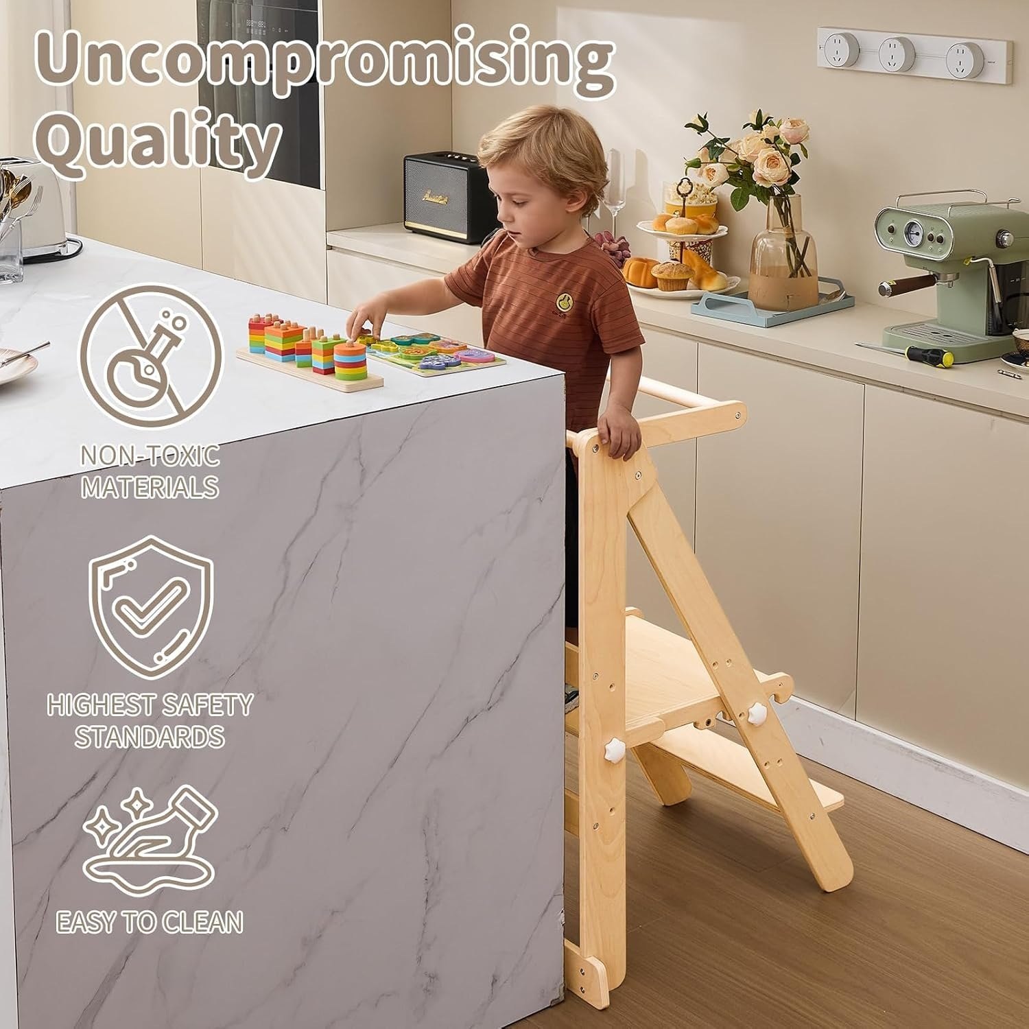Foldable Toddler Learning Standing Tower, WOOD CITY Montessori Kitchen Step Stool Helper with 3 Adjustable Heights Learning Kitchen Tower (Natural) PM — photo 10