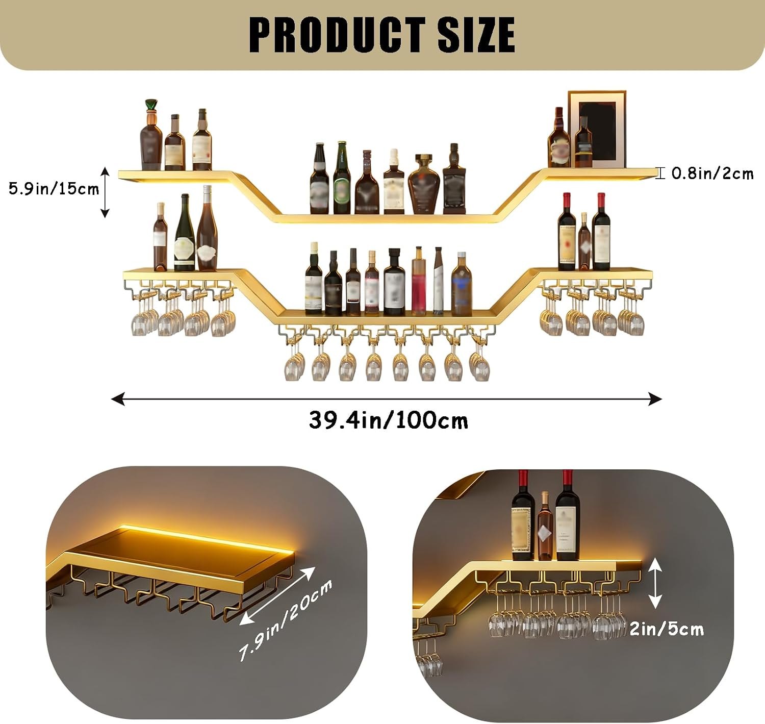 39.4in Modern LED Wine Rack Wall Mounted, 3-Tier Floating Bar Shelves with Wine Glass Rack, Large Hanging Liquor Shelf Wall Mounted, for Home Bar Dining Room Cafe Decorative (Gold, 39.4in/100cm) Gold 39.4in/100cm PM