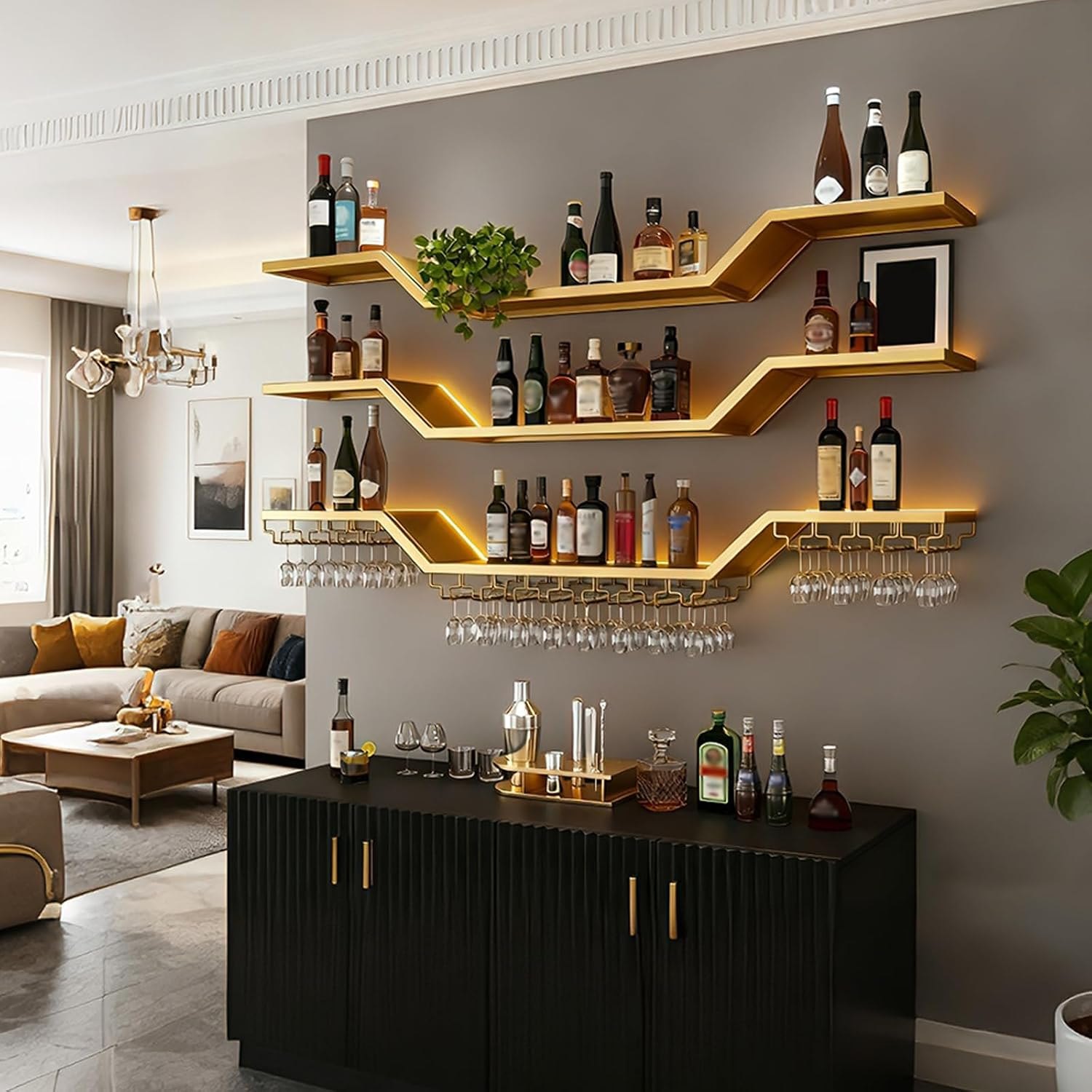 39.4in Modern LED Wine Rack Wall Mounted, 3-Tier Floating Bar Shelves with Wine Glass Rack, Large Hanging Liquor Shelf Wall Mounted, for Home Bar Dining Room Cafe Decorative (Gold, 39.4in/100cm) Gold 39.4in/100cm PM — photo 2