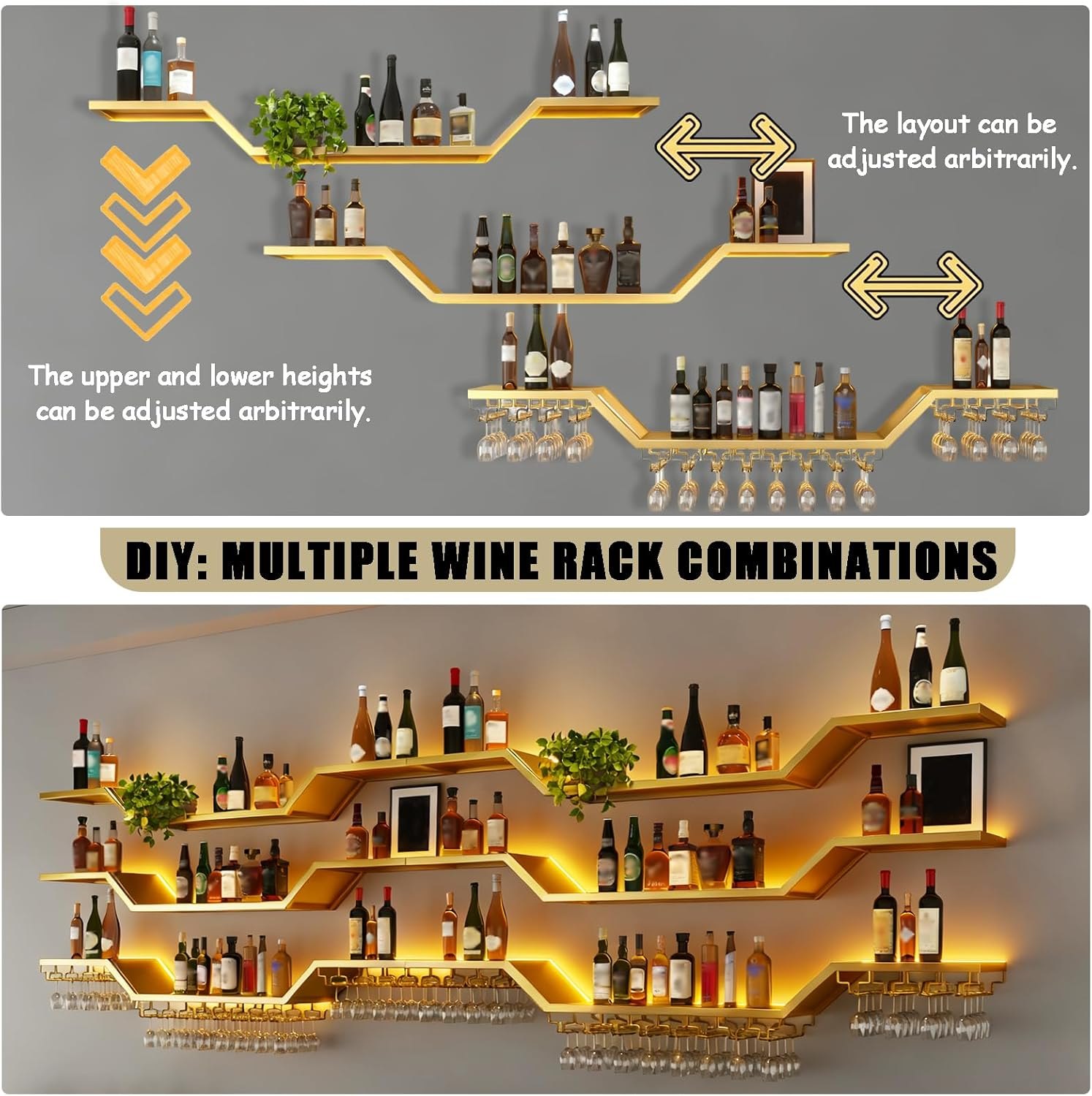 39.4in Modern LED Wine Rack Wall Mounted, 3-Tier Floating Bar Shelves with Wine Glass Rack, Large Hanging Liquor Shelf Wall Mounted, for Home Bar Dining Room Cafe Decorative (Gold, 39.4in/100cm) Gold 39.4in/100cm PM — photo 3