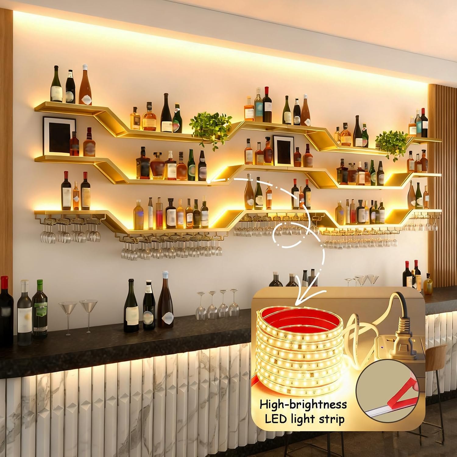 39.4in Modern LED Wine Rack Wall Mounted, 3-Tier Floating Bar Shelves with Wine Glass Rack, Large Hanging Liquor Shelf Wall Mounted, for Home Bar Dining Room Cafe Decorative (Gold, 39.4in/100cm) Gold 39.4in/100cm PM — photo 4