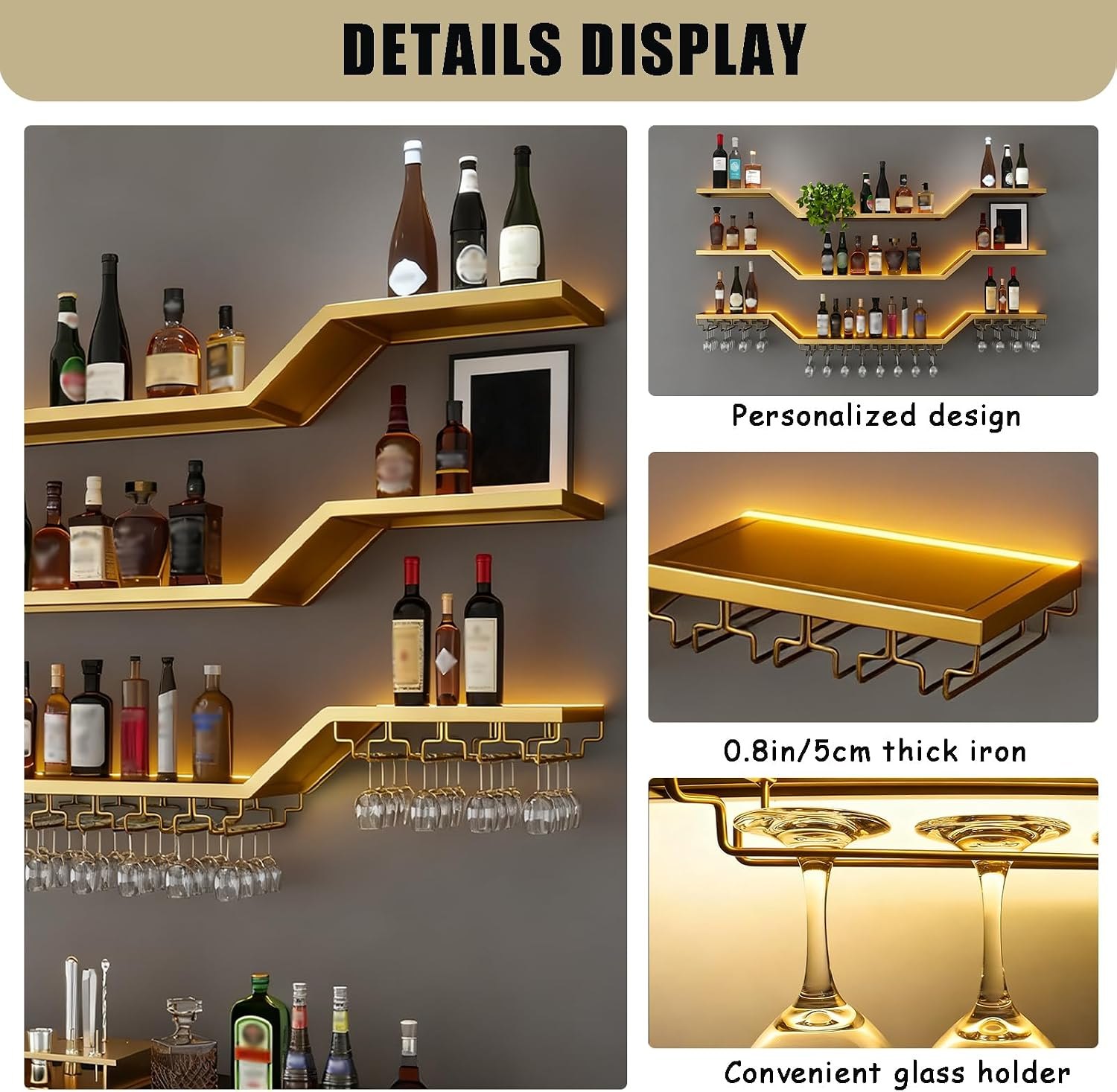 39.4in Modern LED Wine Rack Wall Mounted, 3-Tier Floating Bar Shelves with Wine Glass Rack, Large Hanging Liquor Shelf Wall Mounted, for Home Bar Dining Room Cafe Decorative (Gold, 39.4in/100cm) Gold 39.4in/100cm PM — photo 5
