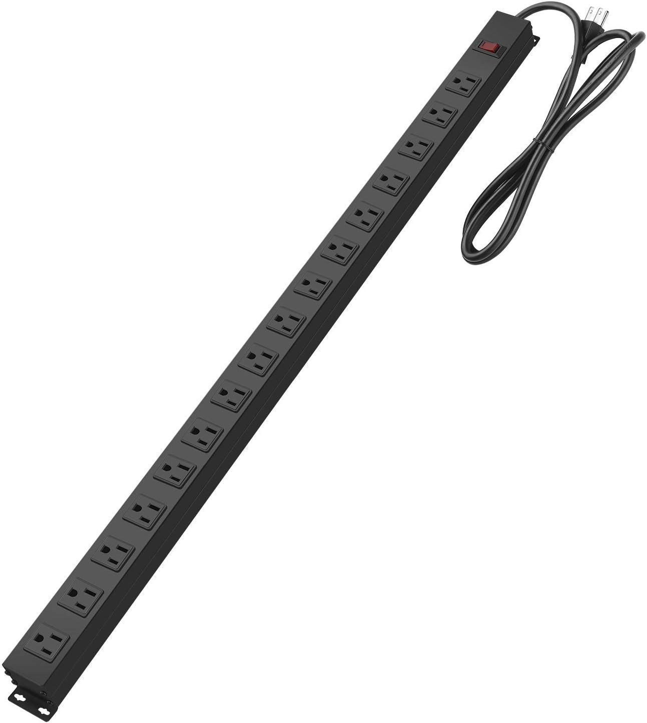 Metal Wall Mount Power Strip, Mountable Power Outlet, Aluminum Alloy Mount Power Socket with Switch, 6 FT SJT 3/C 14AWG Power Cord, 15A 125V S 1875W (16 Outlet) 16 Outlets 6 ft