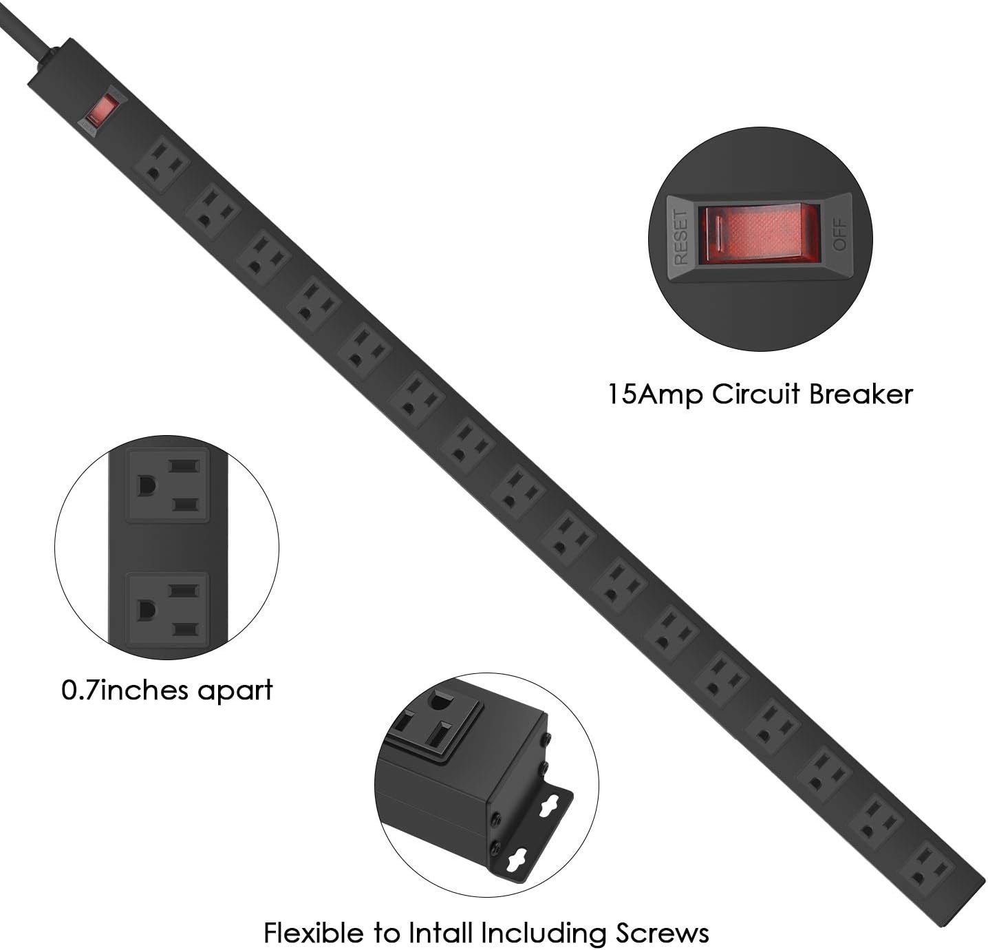 Metal Wall Mount Power Strip, Mountable Power Outlet, Aluminum Alloy Mount Power Socket with Switch, 6 FT SJT 3/C 14AWG Power Cord, 15A 125V S 1875W (16 Outlet) 16 Outlets 6 ft — photo 3