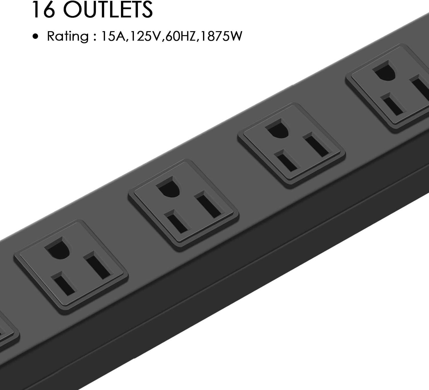 Metal Wall Mount Power Strip, Mountable Power Outlet, Aluminum Alloy Mount Power Socket with Switch, 6 FT SJT 3/C 14AWG Power Cord, 15A 125V S 1875W (16 Outlet) 16 Outlets 6 ft — photo 5
