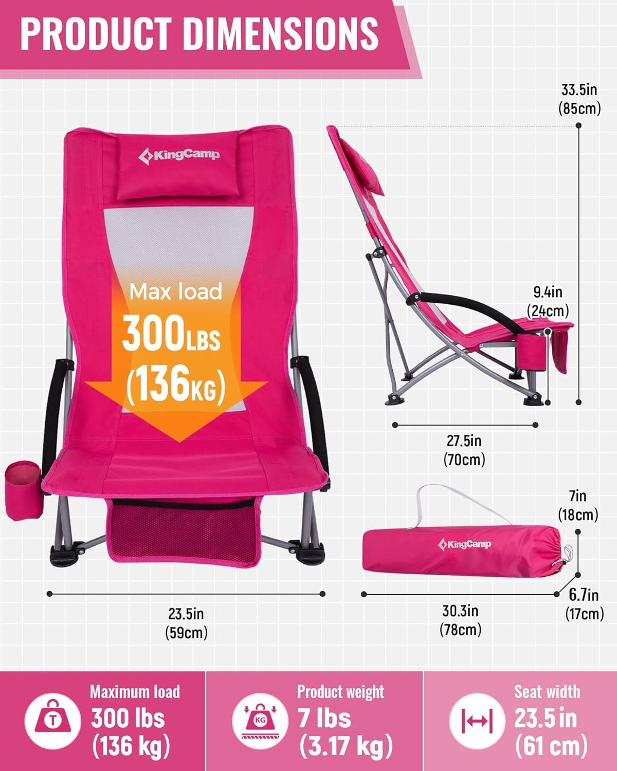 KingCamp Low Beach Chair, High Back Folding Camping Chair for Adults, Oversized Breathable Mesh Seat, 300lbs Heavy Duty Portable Chair with Cup Holder & Storage Pockets for Beach, Outdoor Ergobreeze H Rosered 2pcs ErgoBreeze Mesh Wide PM — photo 2