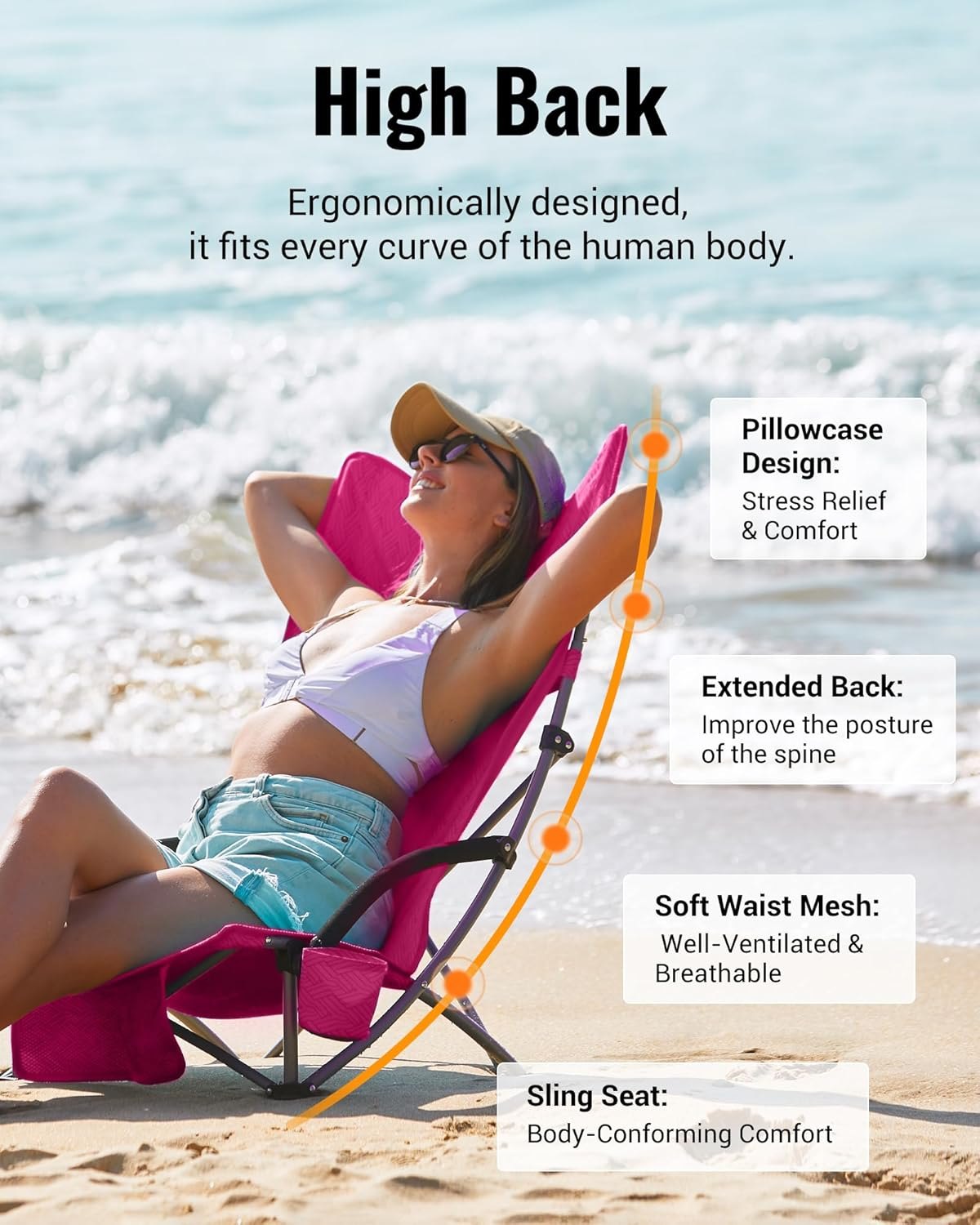 KingCamp Low Beach Chair, High Back Folding Camping Chair for Adults, Oversized Breathable Mesh Seat, 300lbs Heavy Duty Portable Chair with Cup Holder & Storage Pockets for Beach, Outdoor Ergobreeze H Rosered 2pcs ErgoBreeze Mesh Wide PM — photo 3