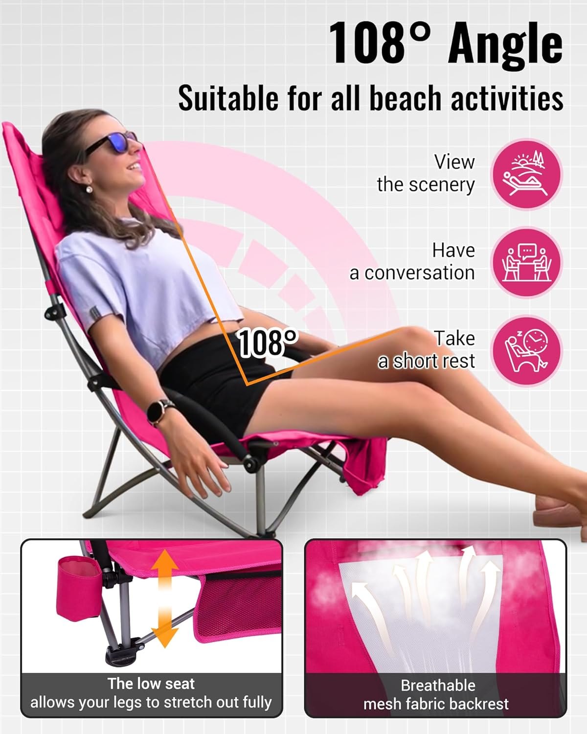 KingCamp Low Beach Chair, High Back Folding Camping Chair for Adults, Oversized Breathable Mesh Seat, 300lbs Heavy Duty Portable Chair with Cup Holder & Storage Pockets for Beach, Outdoor Ergobreeze H Rosered 2pcs ErgoBreeze Mesh Wide PM — photo 4
