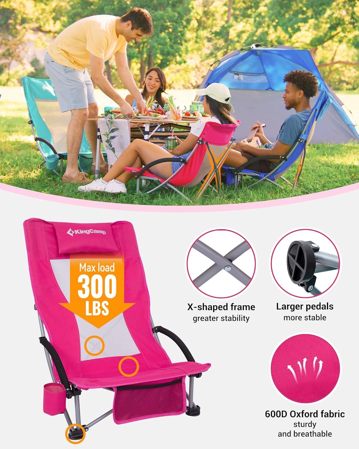 KingCamp Low Beach Chair, High Back Folding Camping Chair for Adults, Oversized Breathable Mesh Seat, 300lbs Heavy Duty Portable Chair with Cup Holder & Storage Pockets for Beach, Outdoor Ergobreeze H Rosered 2pcs ErgoBreeze Mesh Wide PM — photo 5