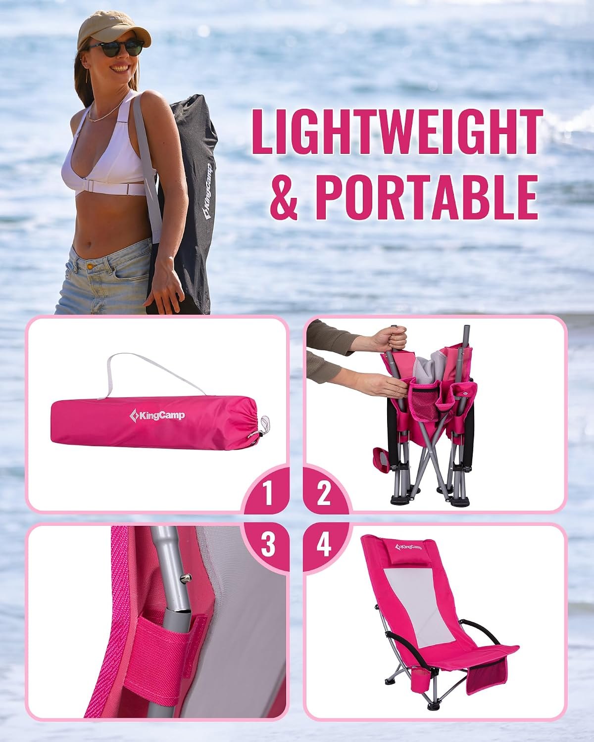 KingCamp Low Beach Chair, High Back Folding Camping Chair for Adults, Oversized Breathable Mesh Seat, 300lbs Heavy Duty Portable Chair with Cup Holder & Storage Pockets for Beach, Outdoor Ergobreeze H Rosered 2pcs ErgoBreeze Mesh Wide PM — photo 6