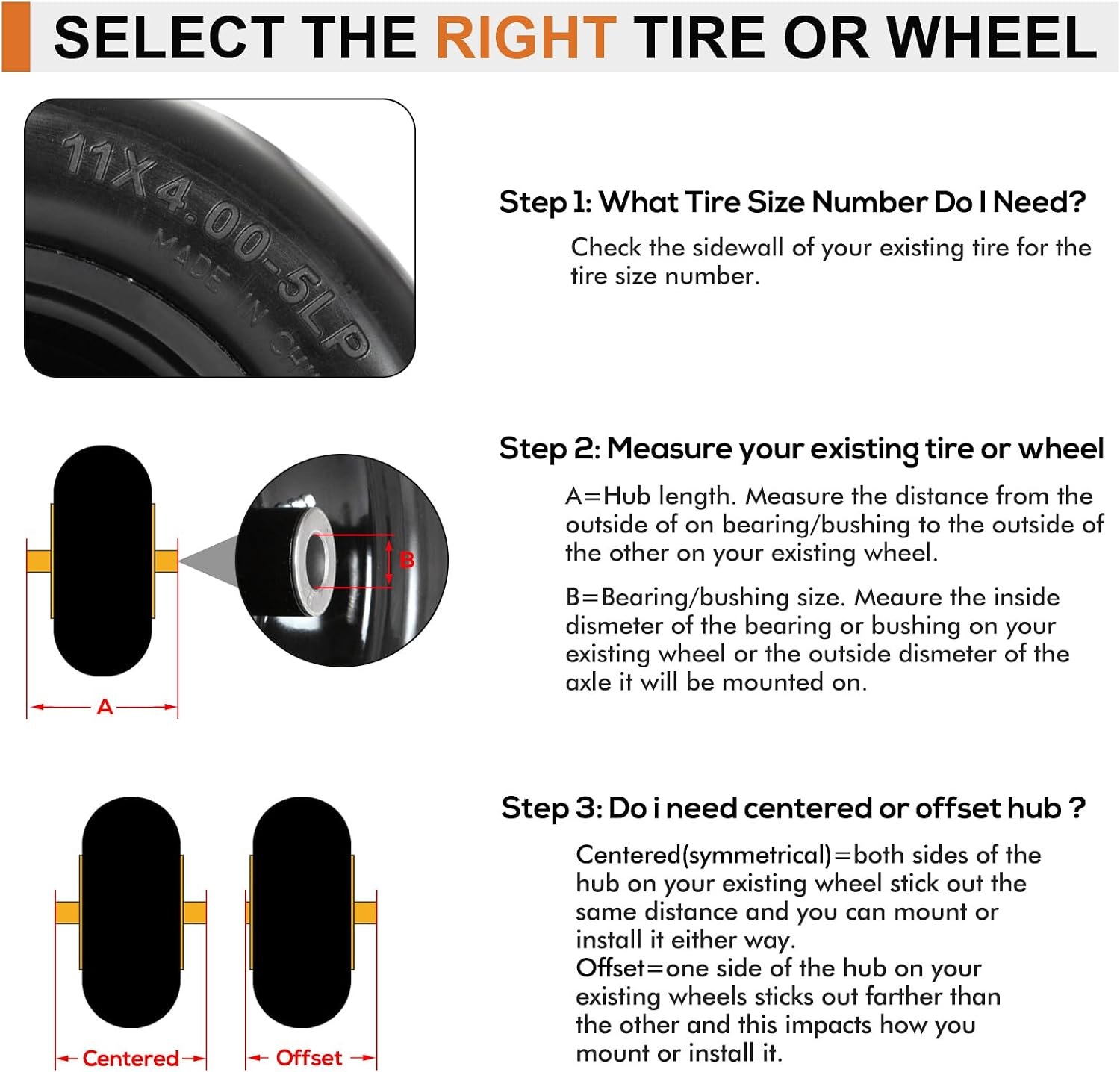 2 Pack 11x4.00-5 Flat Free Lawn Mower Tire and Wheel Assembly Universal Fit, Smooth Tread, 3/4", 5/8" & 1/2" Bushing, 3.4", 4", 4.5" & 5" Centered Hub for Zero Turn Lawn Mowers 11x4-5 Flat Free Tire with Rim Black PM