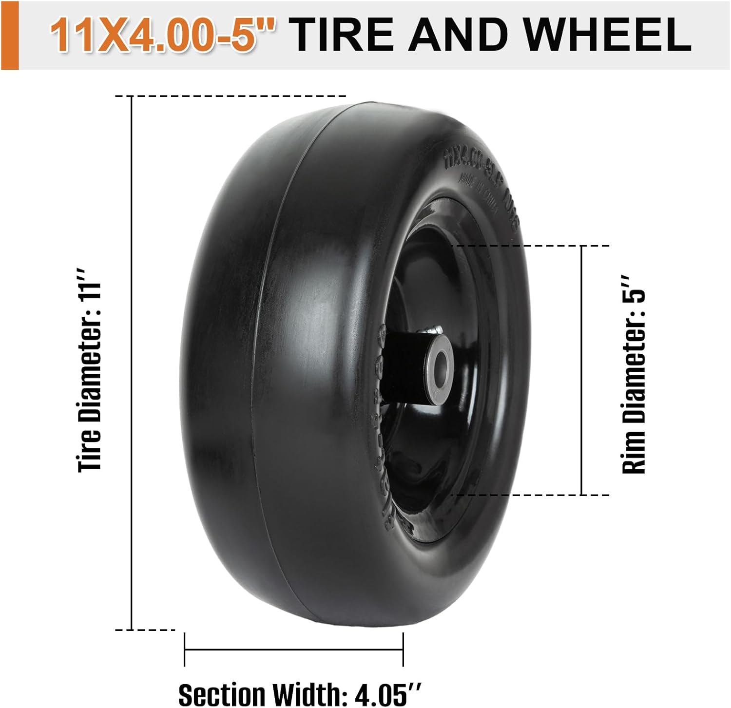 2 Pack 11x4.00-5 Flat Free Lawn Mower Tire and Wheel Assembly Universal Fit, Smooth Tread, 3/4", 5/8" & 1/2" Bushing, 3.4", 4", 4.5" & 5" Centered Hub for Zero Turn Lawn Mowers 11x4-5 Flat Free Tire with Rim Black PM — photo 2