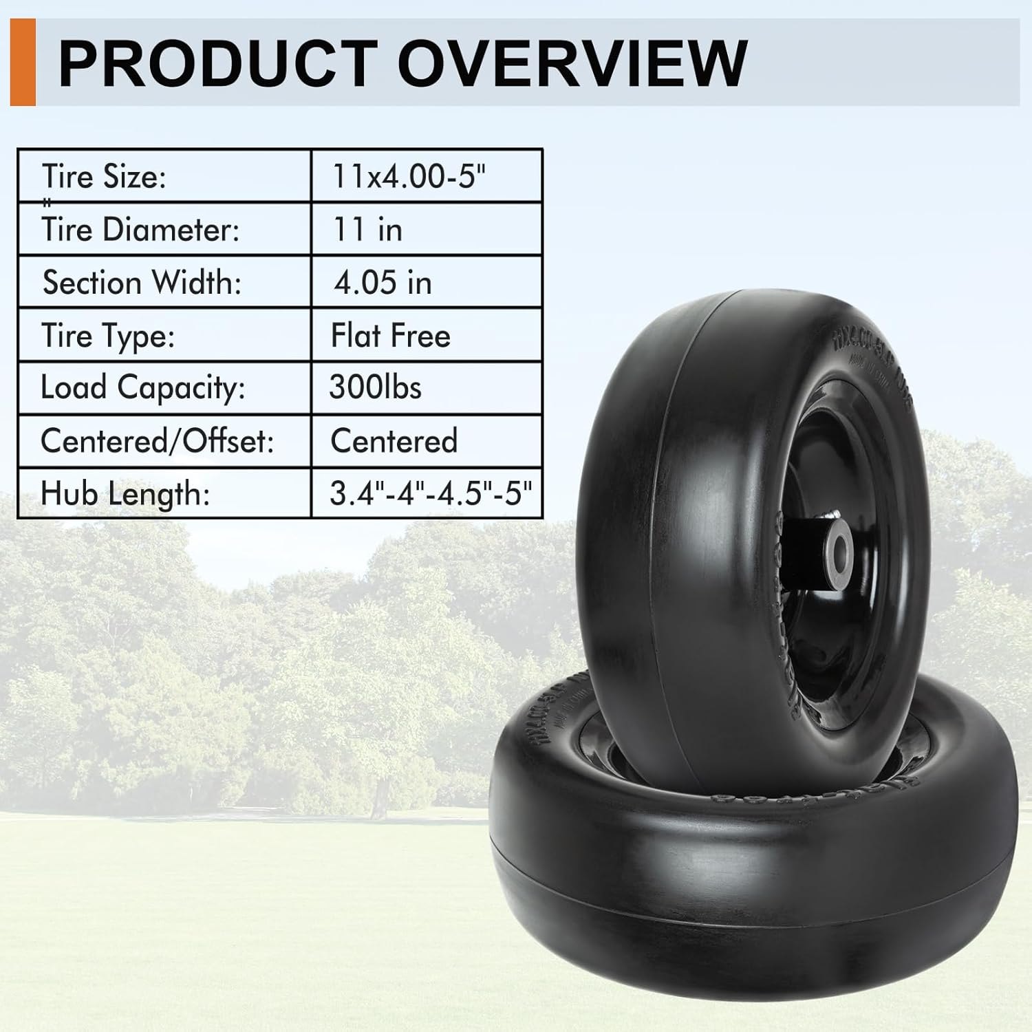 2 Pack 11x4.00-5 Flat Free Lawn Mower Tire and Wheel Assembly Universal Fit, Smooth Tread, 3/4", 5/8" & 1/2" Bushing, 3.4", 4", 4.5" & 5" Centered Hub for Zero Turn Lawn Mowers 11x4-5 Flat Free Tire with Rim Black PM — photo 3