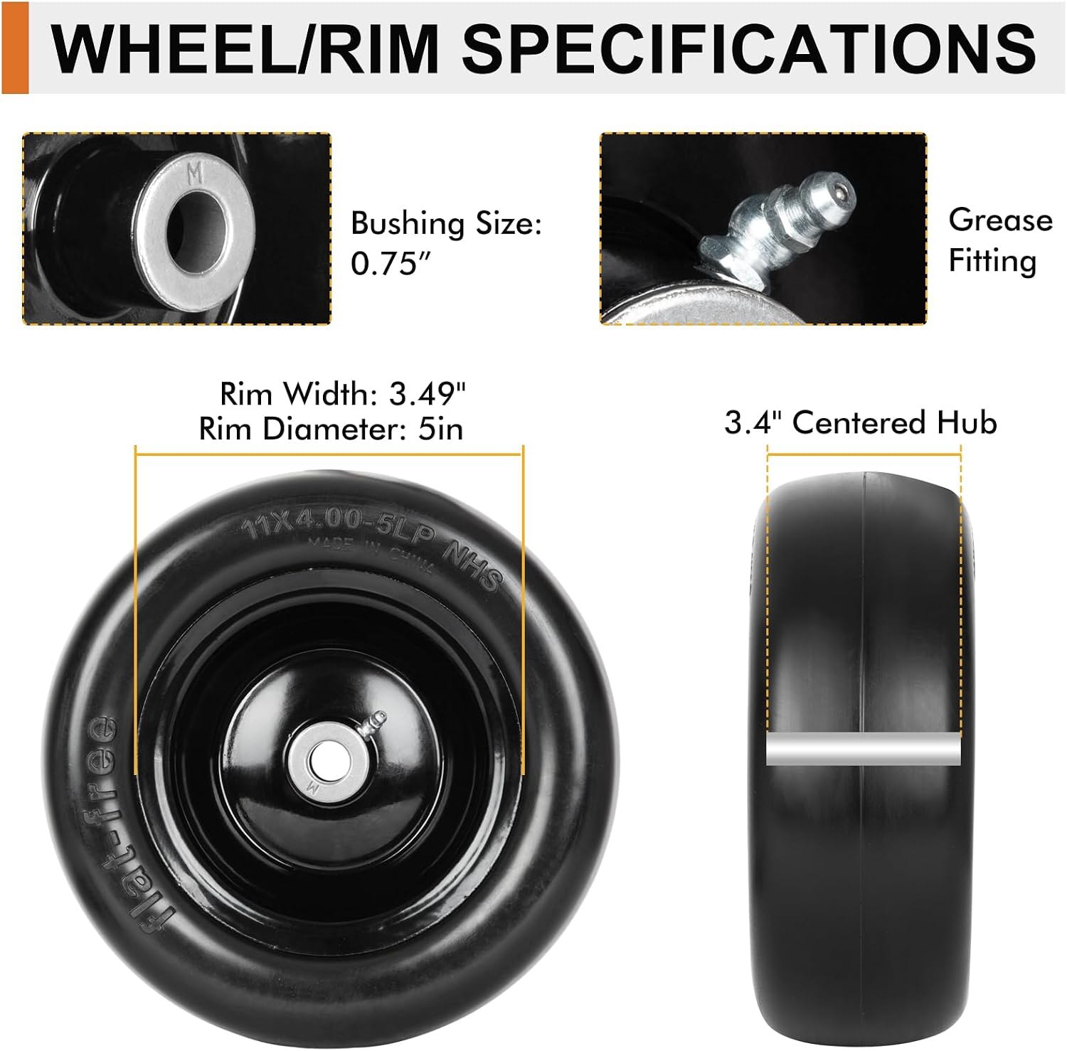 2 Pack 11x4.00-5 Flat Free Lawn Mower Tire and Wheel Assembly Universal Fit, Smooth Tread, 3/4", 5/8" & 1/2" Bushing, 3.4", 4", 4.5" & 5" Centered Hub for Zero Turn Lawn Mowers 11x4-5 Flat Free Tire with Rim Black PM — photo 4