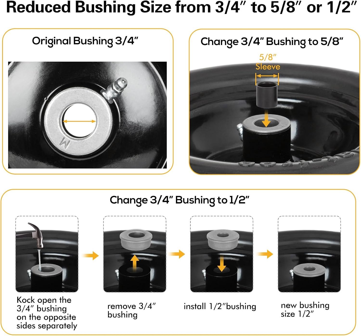 2 Pack 11x4.00-5 Flat Free Lawn Mower Tire and Wheel Assembly Universal Fit, Smooth Tread, 3/4", 5/8" & 1/2" Bushing, 3.4", 4", 4.5" & 5" Centered Hub for Zero Turn Lawn Mowers 11x4-5 Flat Free Tire with Rim Black PM — photo 5