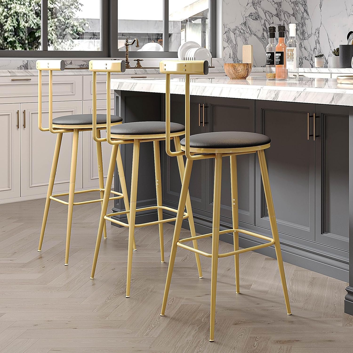 Bar Stools, Set of 2 High Kitchen Barstools, Bar Chairs with Backrest and Footrest, Industrial Counter Stools with PU Soft seat, for Kitchen, Living Room, Pub, Gold Color BS-012GC — photo 7