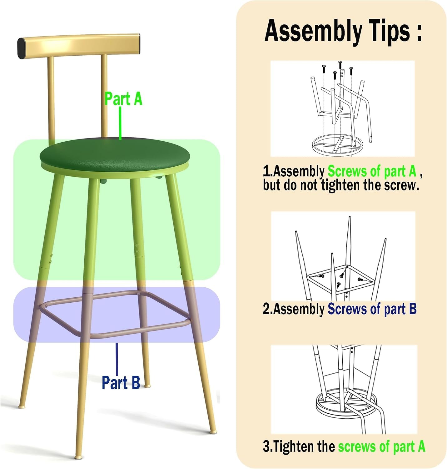 Bar Stools, Set of 2 High Kitchen Barstools, Bar Chairs with Backrest and Footrest, Industrial Counter Stools with PU Soft seat, for Kitchen, Living Room, Pub, Gold Color BS-012GC — photo 8