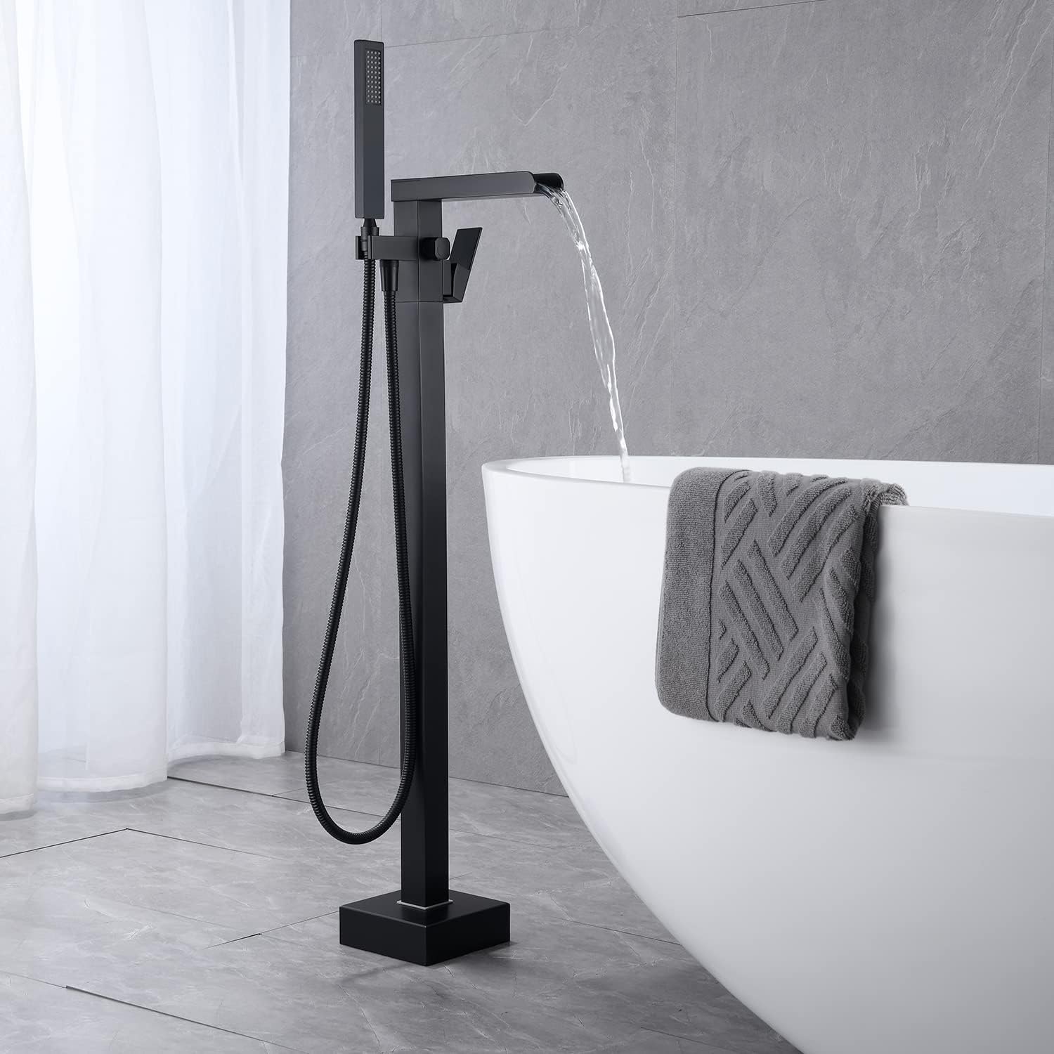 Waterfall Tub Filler Freestanding Bathtub Faucet Black Floor Mount Brass Single Handle Bathroom Faucets with Hand Shower — photo 2