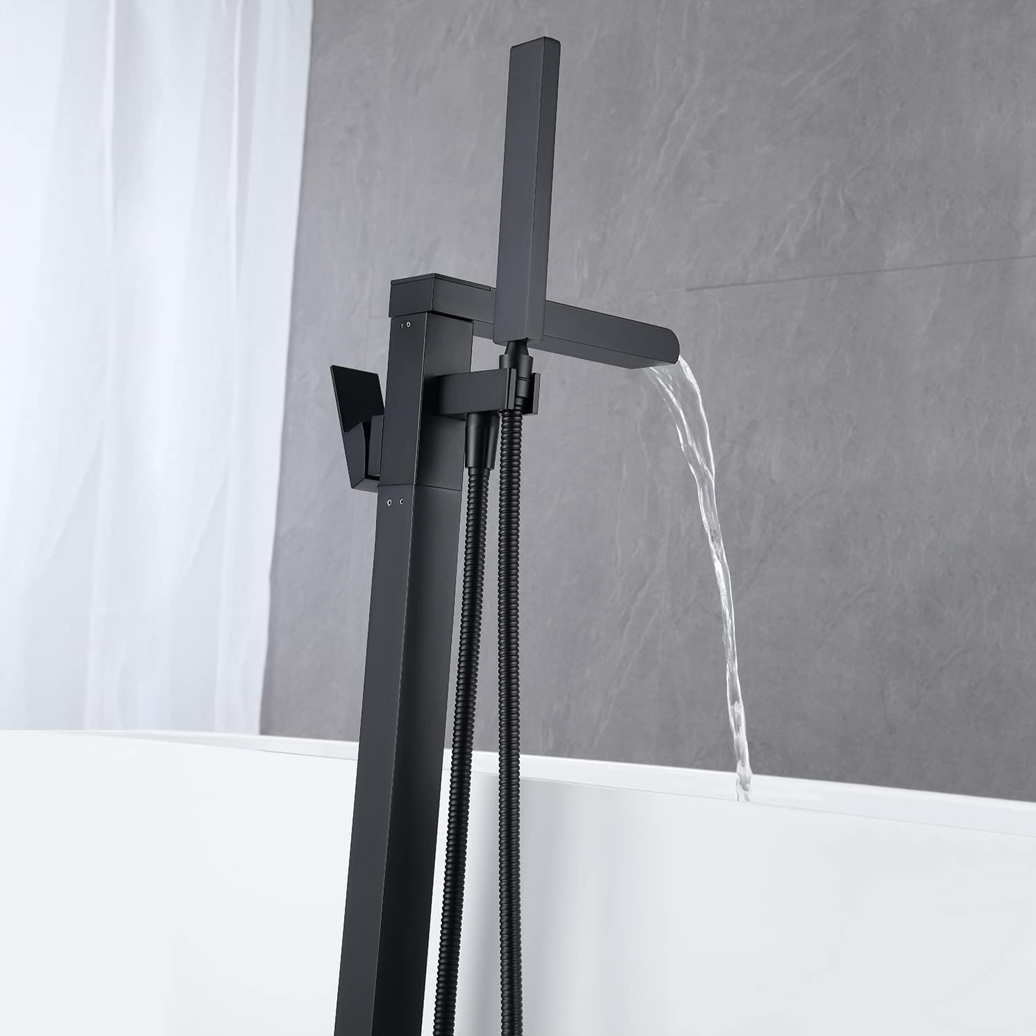 Waterfall Tub Filler Freestanding Bathtub Faucet Black Floor Mount Brass Single Handle Bathroom Faucets with Hand Shower — photo 3