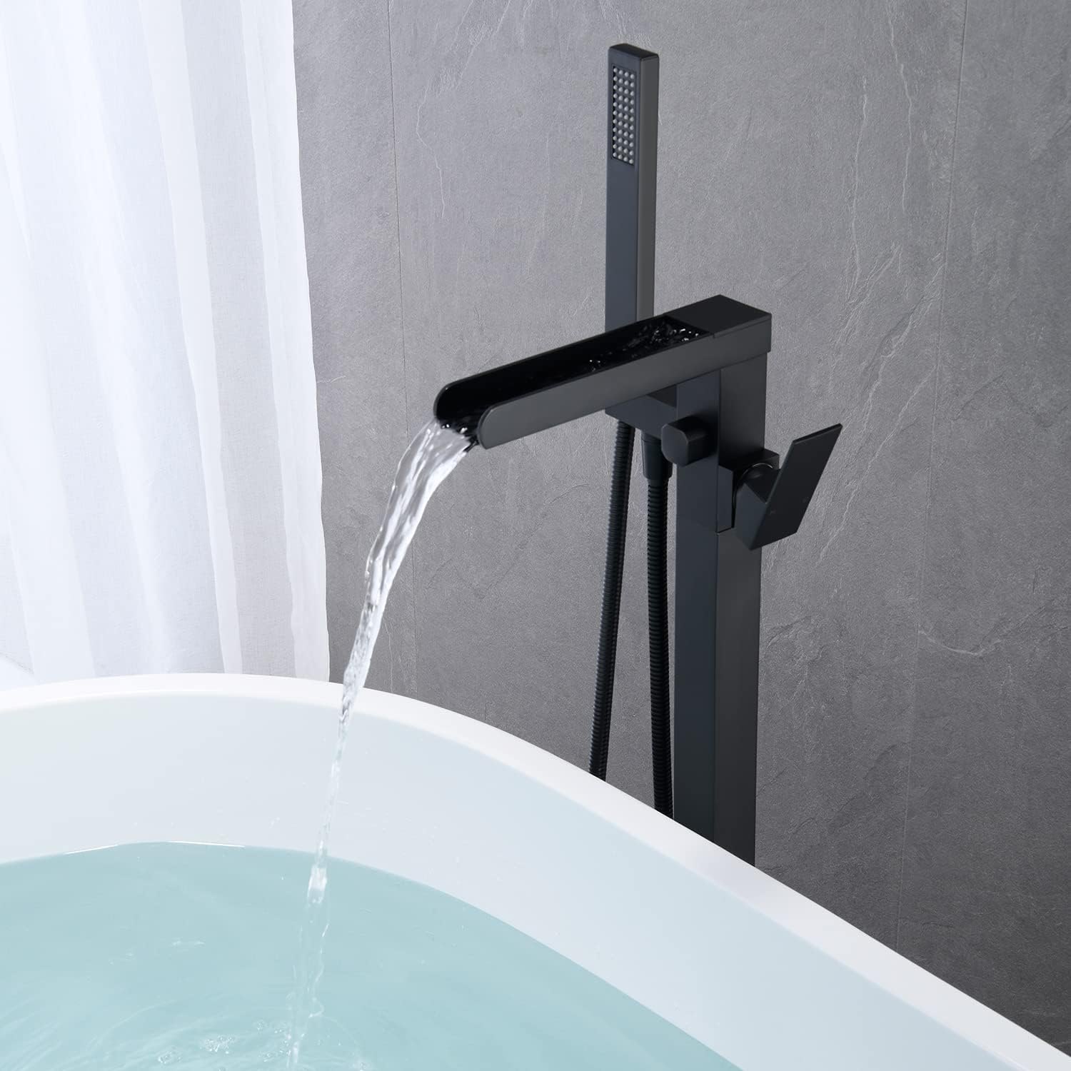 Waterfall Tub Filler Freestanding Bathtub Faucet Black Floor Mount Brass Single Handle Bathroom Faucets with Hand Shower — photo 4
