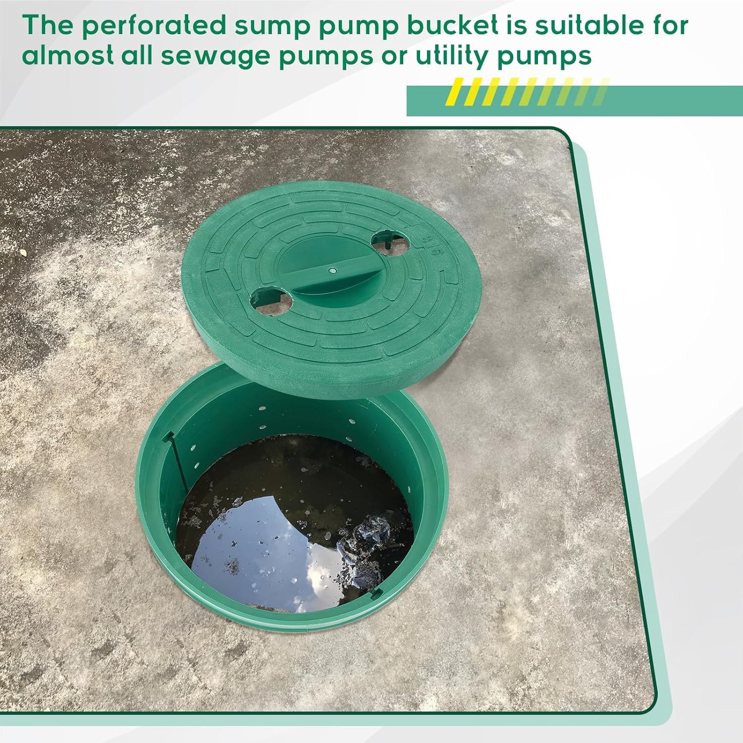 Perforated Sump Basin with Lid Sump Pump Basin Bucket with Drilled Holes for Crawl Spaces,Yards,Patios and Driveways(Green,13 x 11.4 x 15 Inch) Green 13 x 11.4 x 15 Inch — photo 3