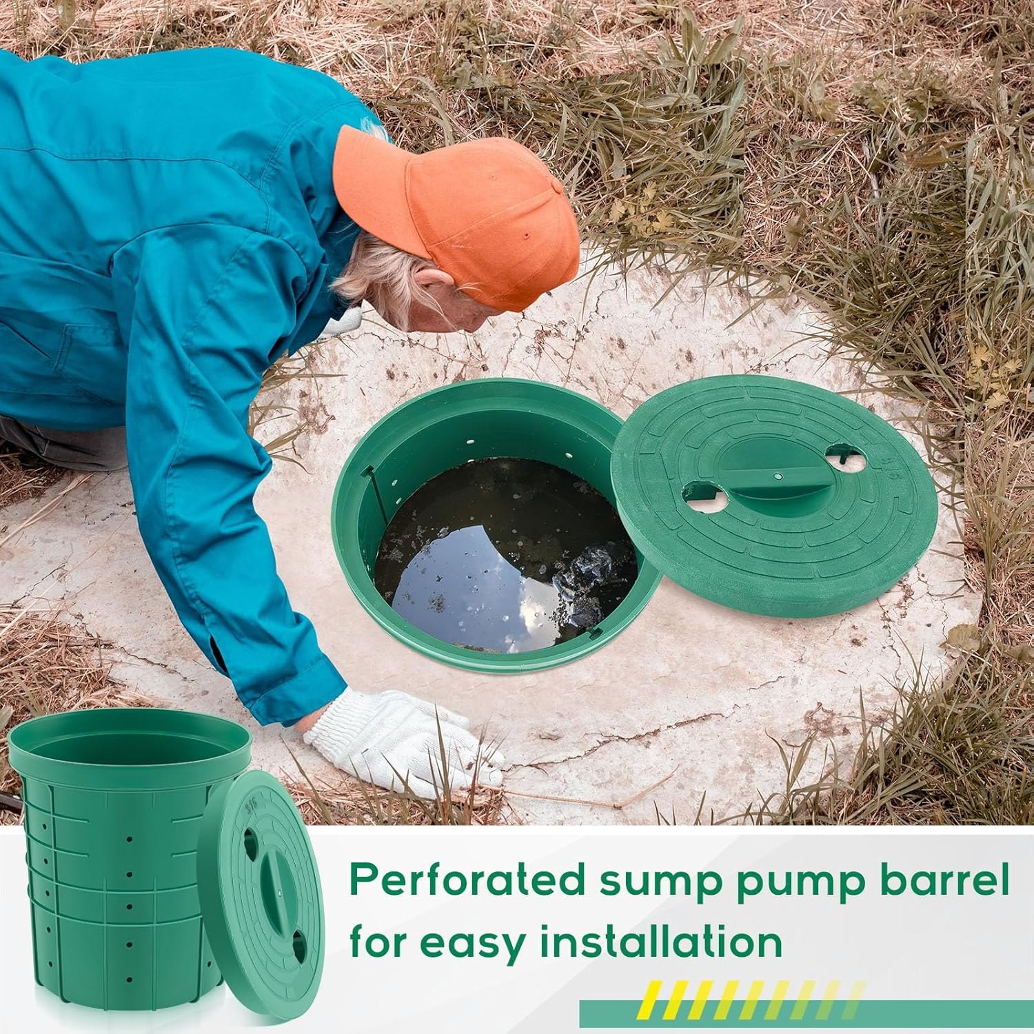 Perforated Sump Basin with Lid Sump Pump Basin Bucket with Drilled Holes for Crawl Spaces,Yards,Patios and Driveways(Green,13 x 11.4 x 15 Inch) Green 13 x 11.4 x 15 Inch — photo 5