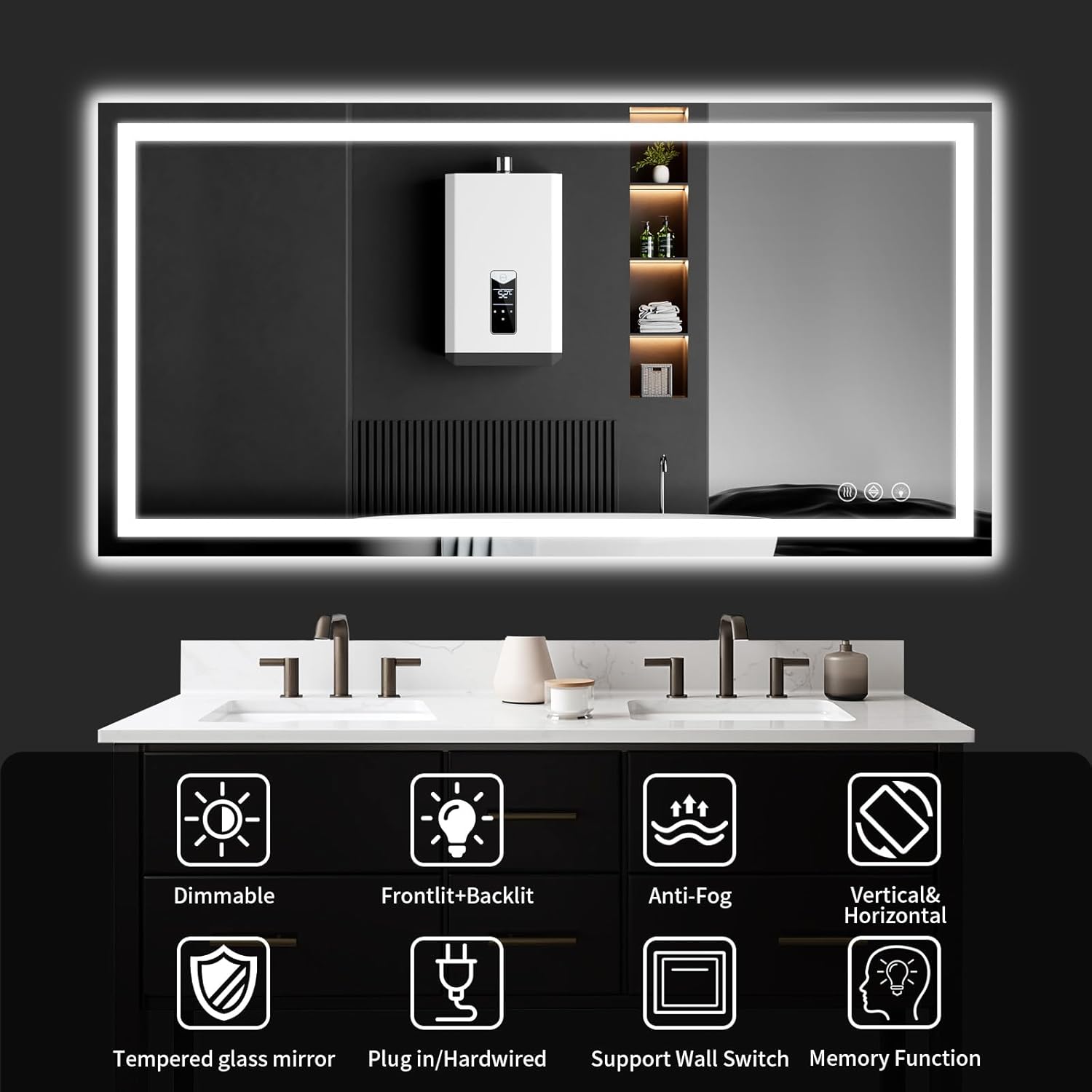 30"x48" LED Bathroom Mirror with Lights, Dimmable?Anti-Fog?Bathroom Vanity Mirror for Wall, Backlit + Front Lit, Memory Function, Shatter- Proof, Tempered Glass 30"L x 48"W