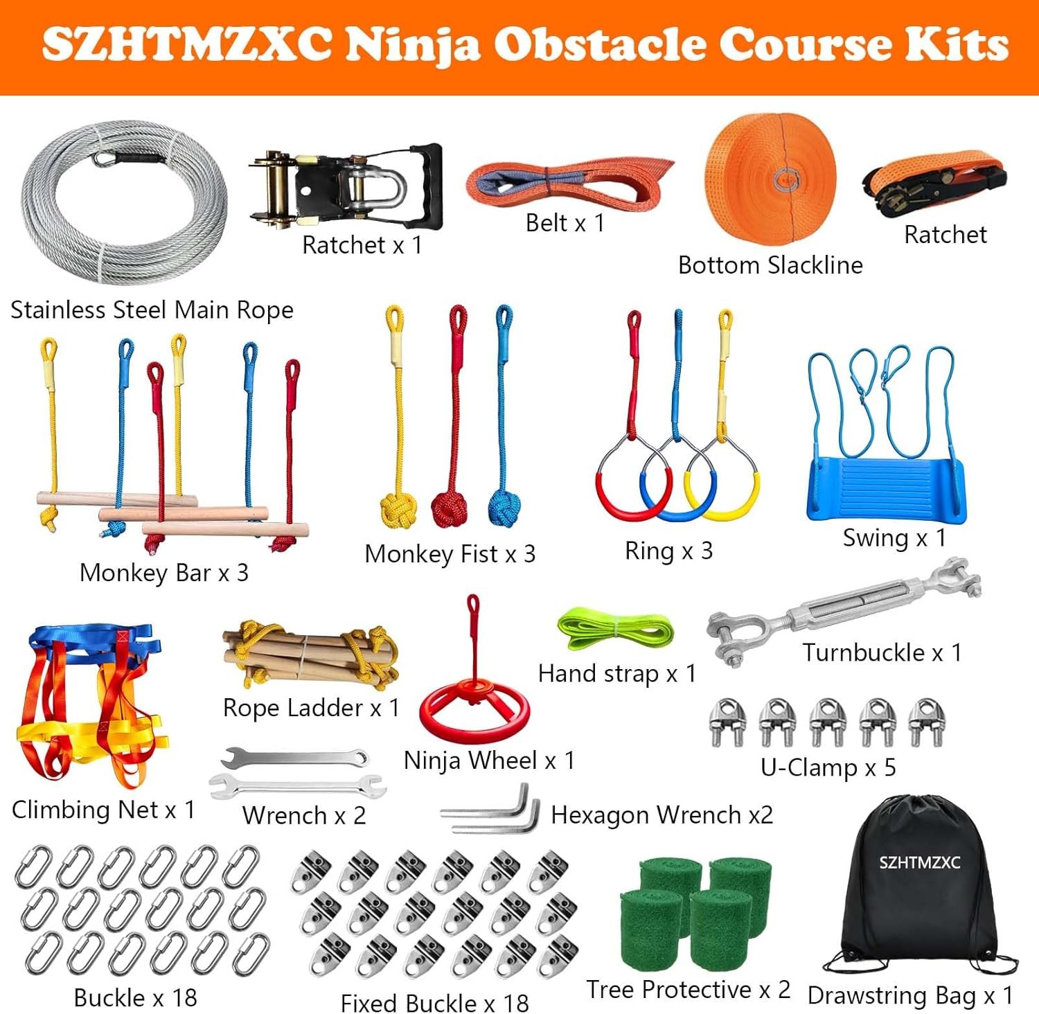 Ninja Warrior Obstacle Course for Kids Backyard Outdoor, 65ft Stainless Steel Main Cable, 65ft Bottom Slackline, Weatherproof, 14 Pcs Training Accessories, Climbing Net, Swing, Ladder 65FT 14Pcs Bottom Rope PM — photo 2